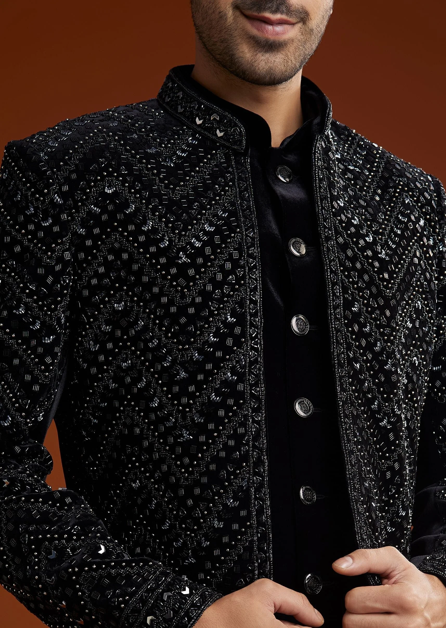 Black Velvet Embellished Indo Jacket Set - Image 2