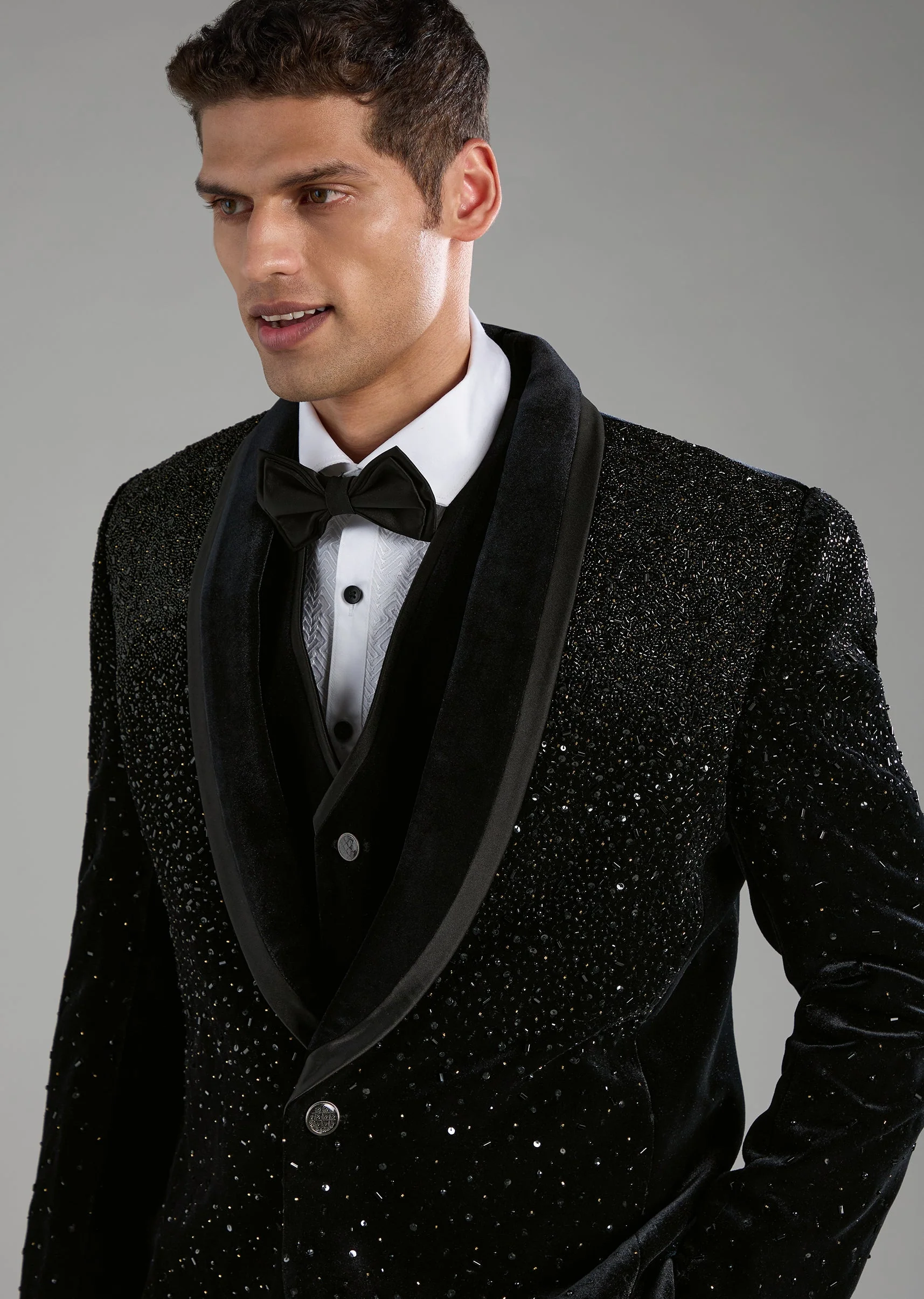 Black Velvet Embellished Tuxedo Set with Bow Tie