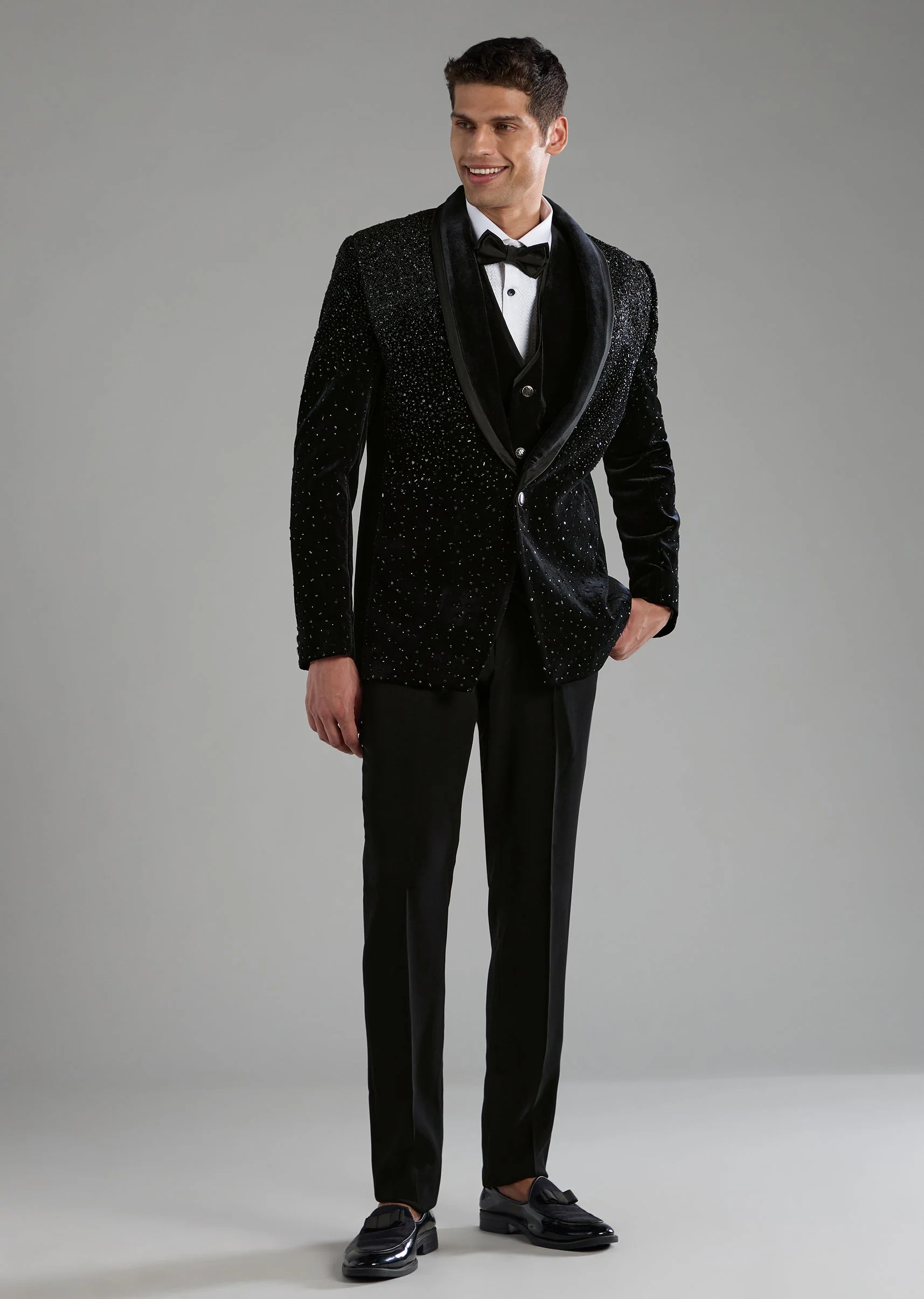 Black Velvet Embellished Tuxedo Set with Bow Tie - Image 2