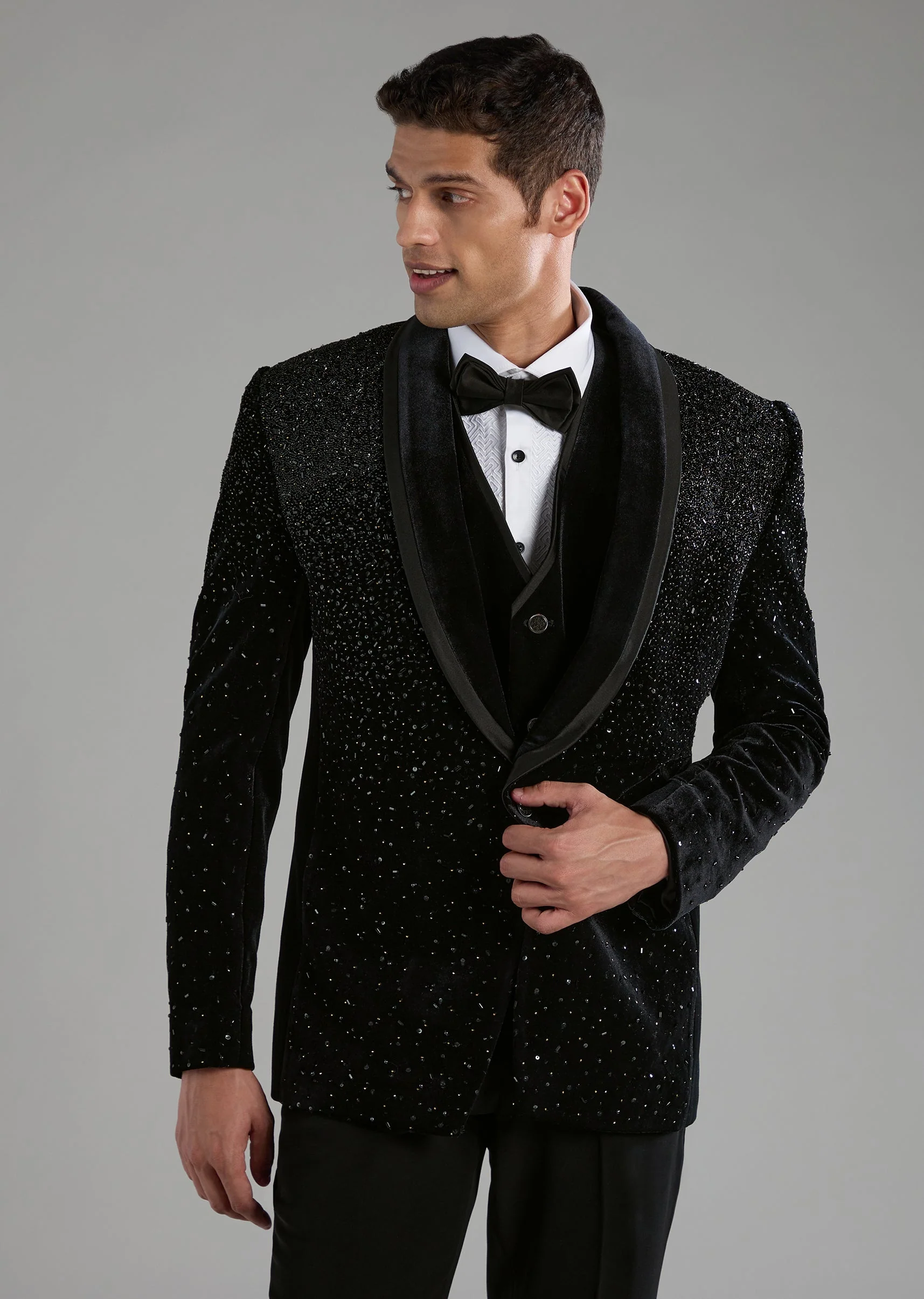 Black Velvet Embellished Tuxedo Set with Bow Tie - Image 3