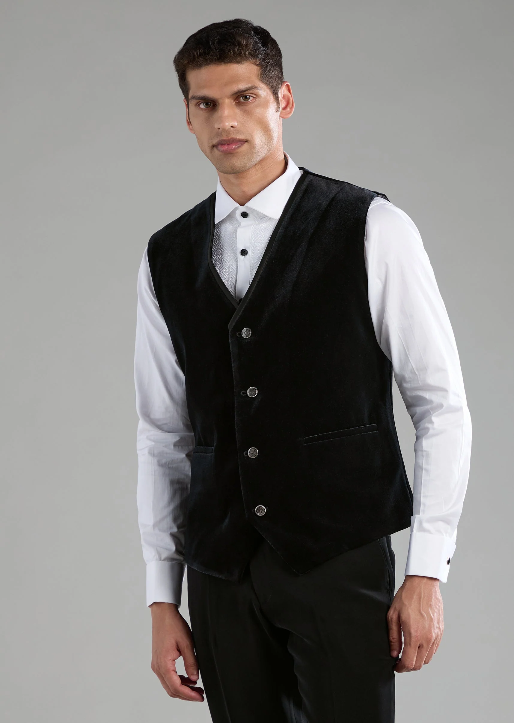 Black Velvet Embellished Tuxedo Set with Bow Tie - Image 6