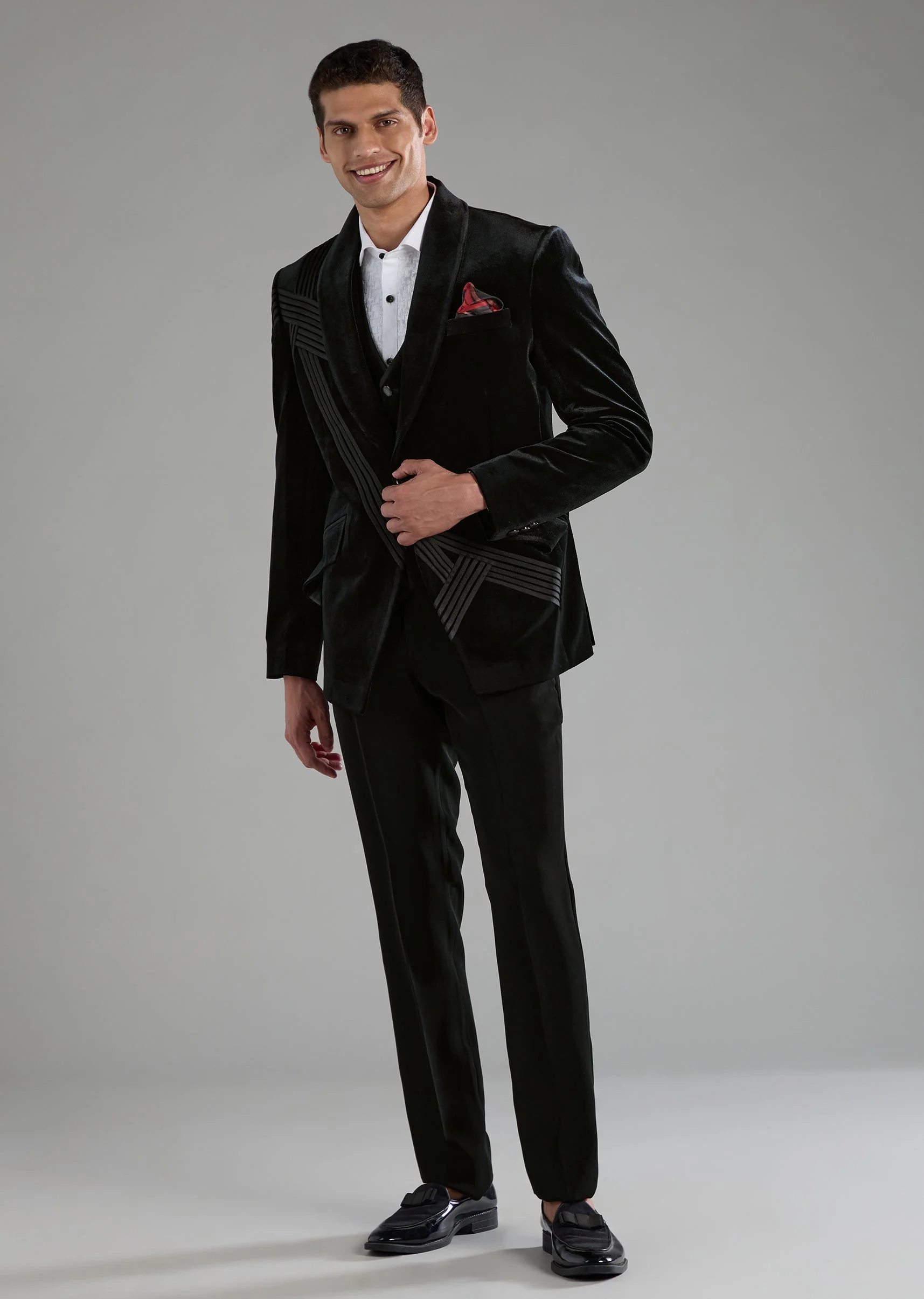 Black Velvet Embellished Tuxedo, Shirt Set with Bow Tie - Image 4