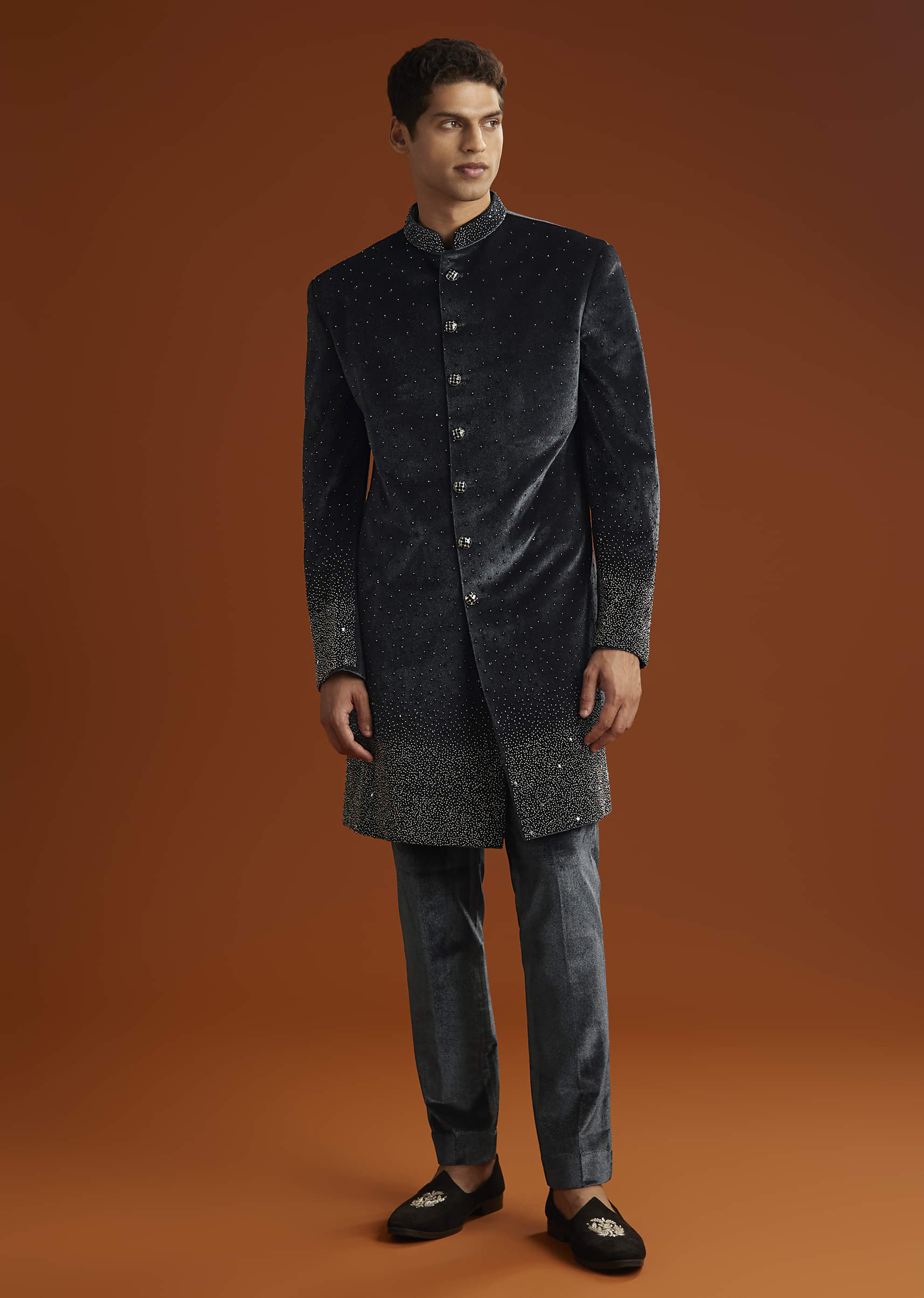 Black Velvet Indo Western Set For Men With Stone Work - Image 3