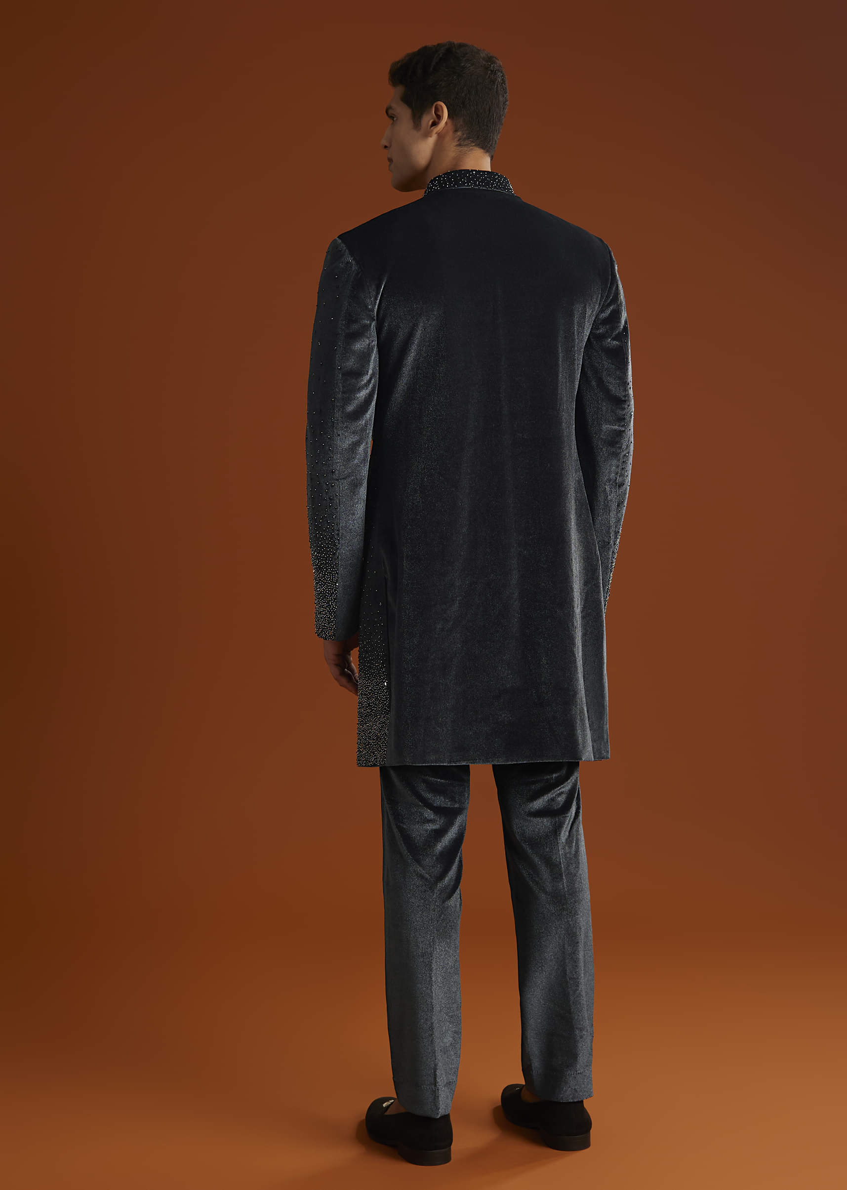 Black Velvet Indo Western Set For Men With Stone Work - Image 5