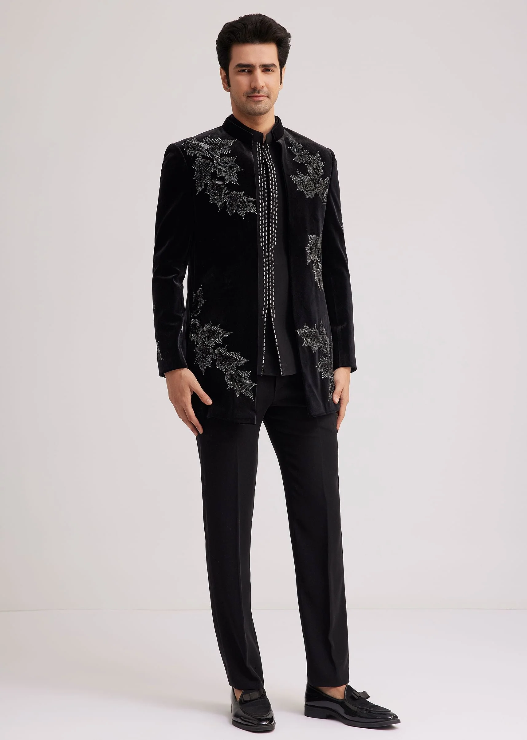 Black Velvet Indo Western Set With Abstract Motif And Cut Dana Work - Image 4