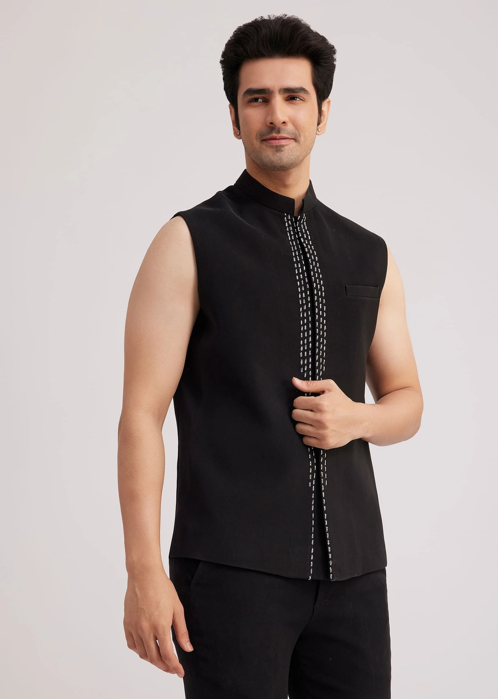 Black Velvet Indo Western Set With Abstract Motif And Cut Dana Work - Image 6