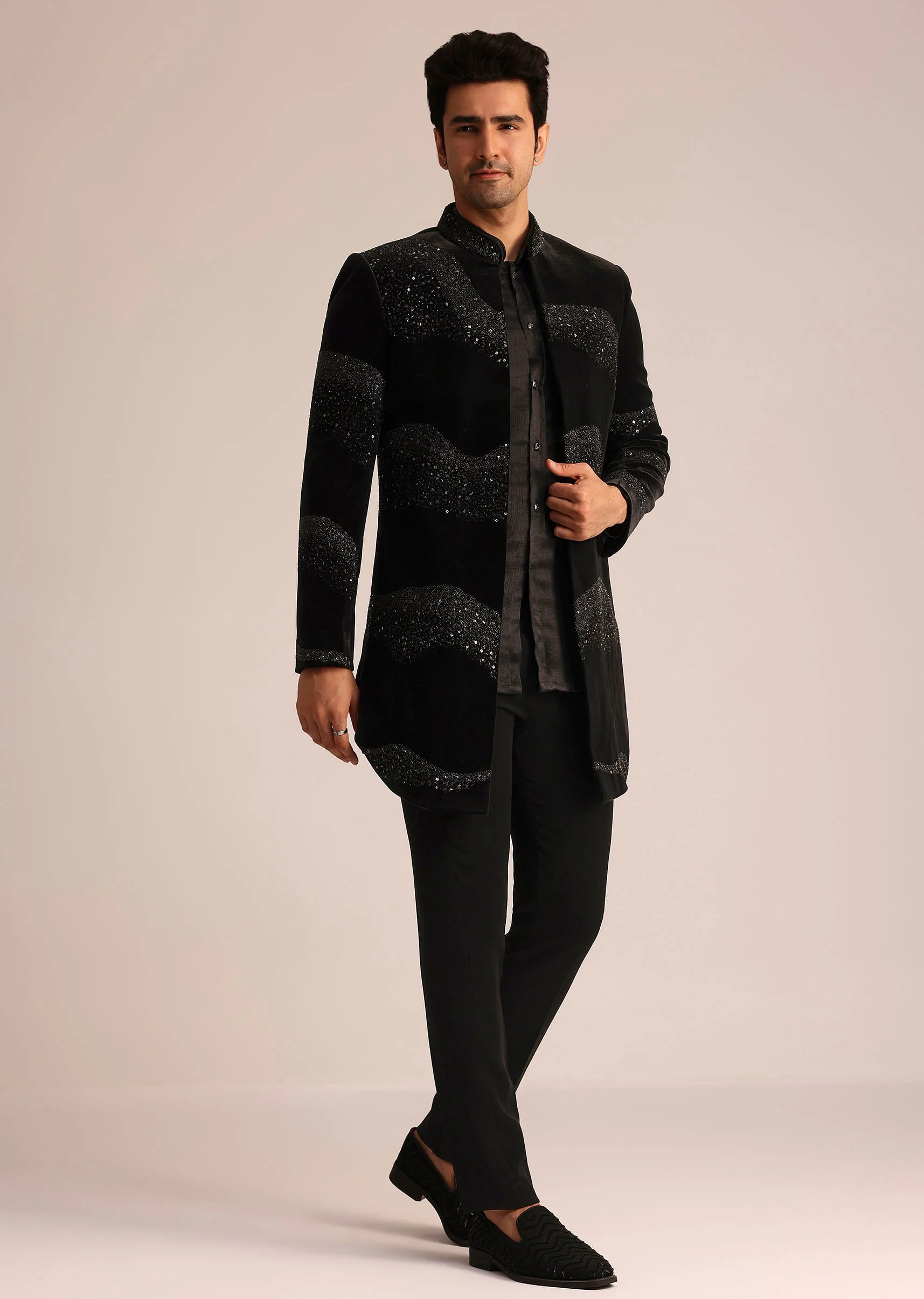 Black Velvet Indo Western Set With Zardosi Detailing - Image 2