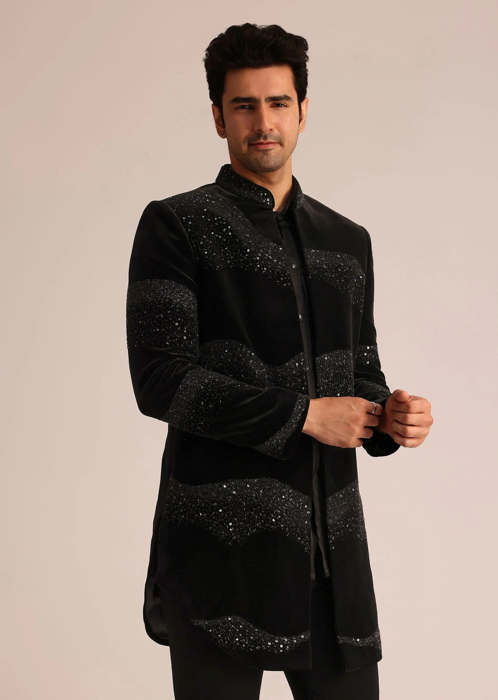 Black Velvet Indo Western Set With Zardosi Detailing - Image 3
