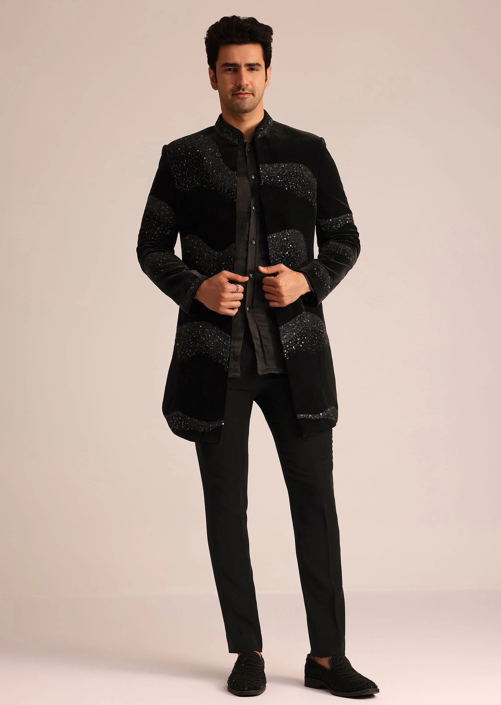 Black Velvet Indo Western Set With Zardosi Detailing - Image 4