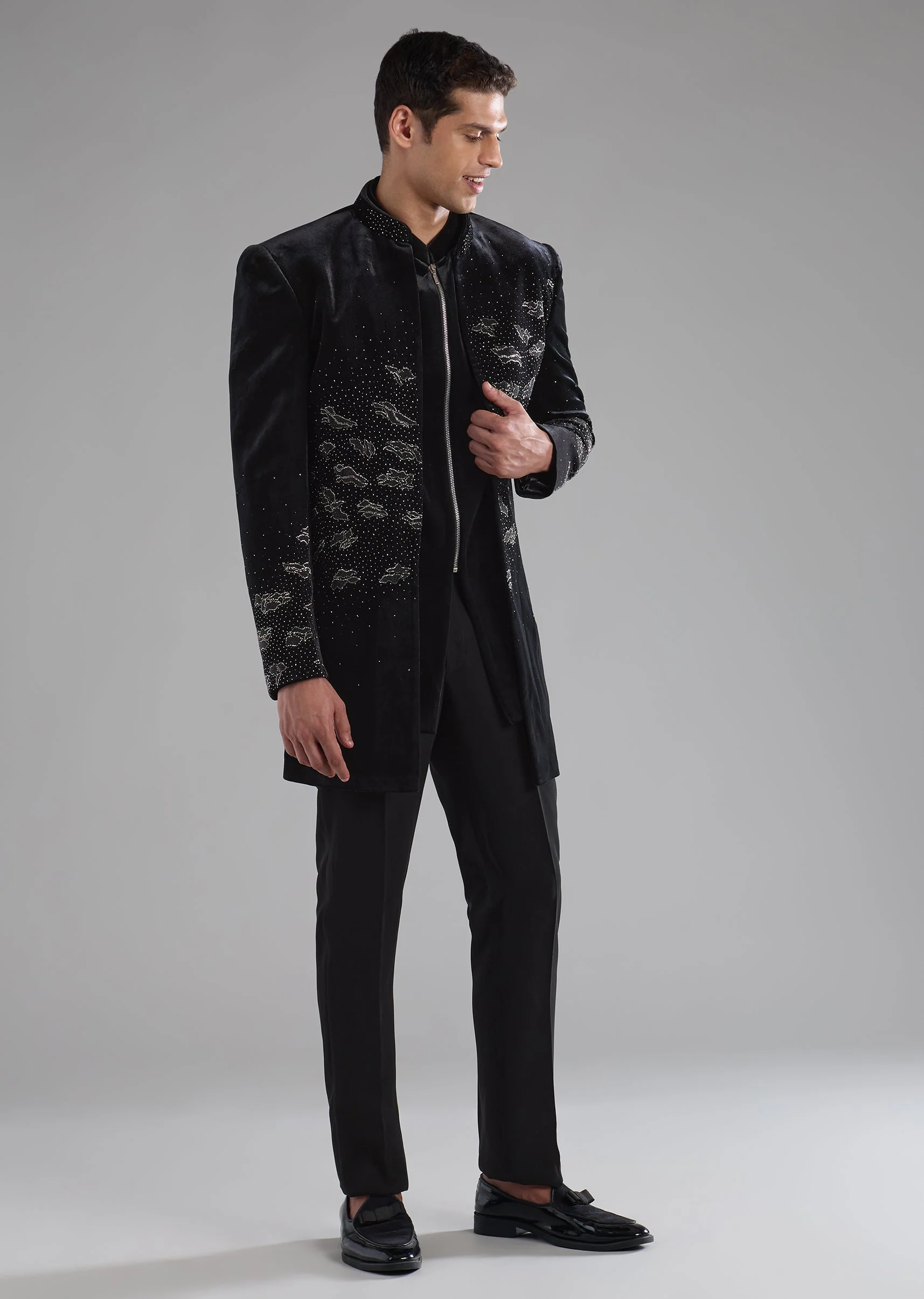 Black Velvet Indowestern Jacket Set with Bead Work - Image 4