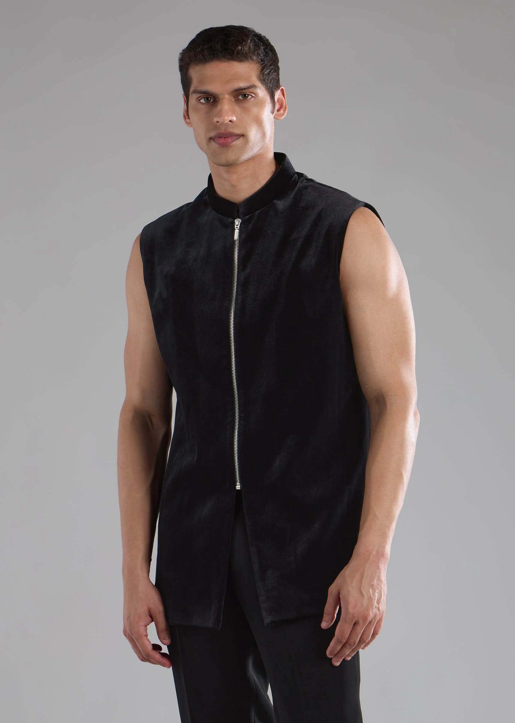 Black Velvet Indowestern Jacket Set with Bead Work - Image 6