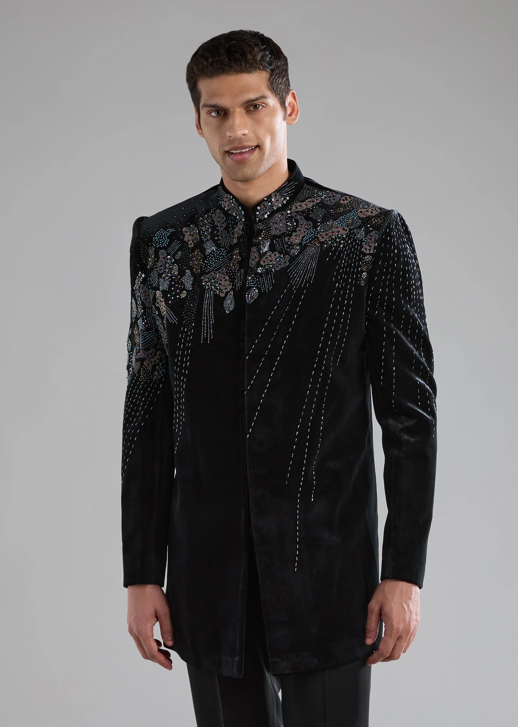 Black Velvet Indowestern Pant Set with Zardozi Work - Image 3