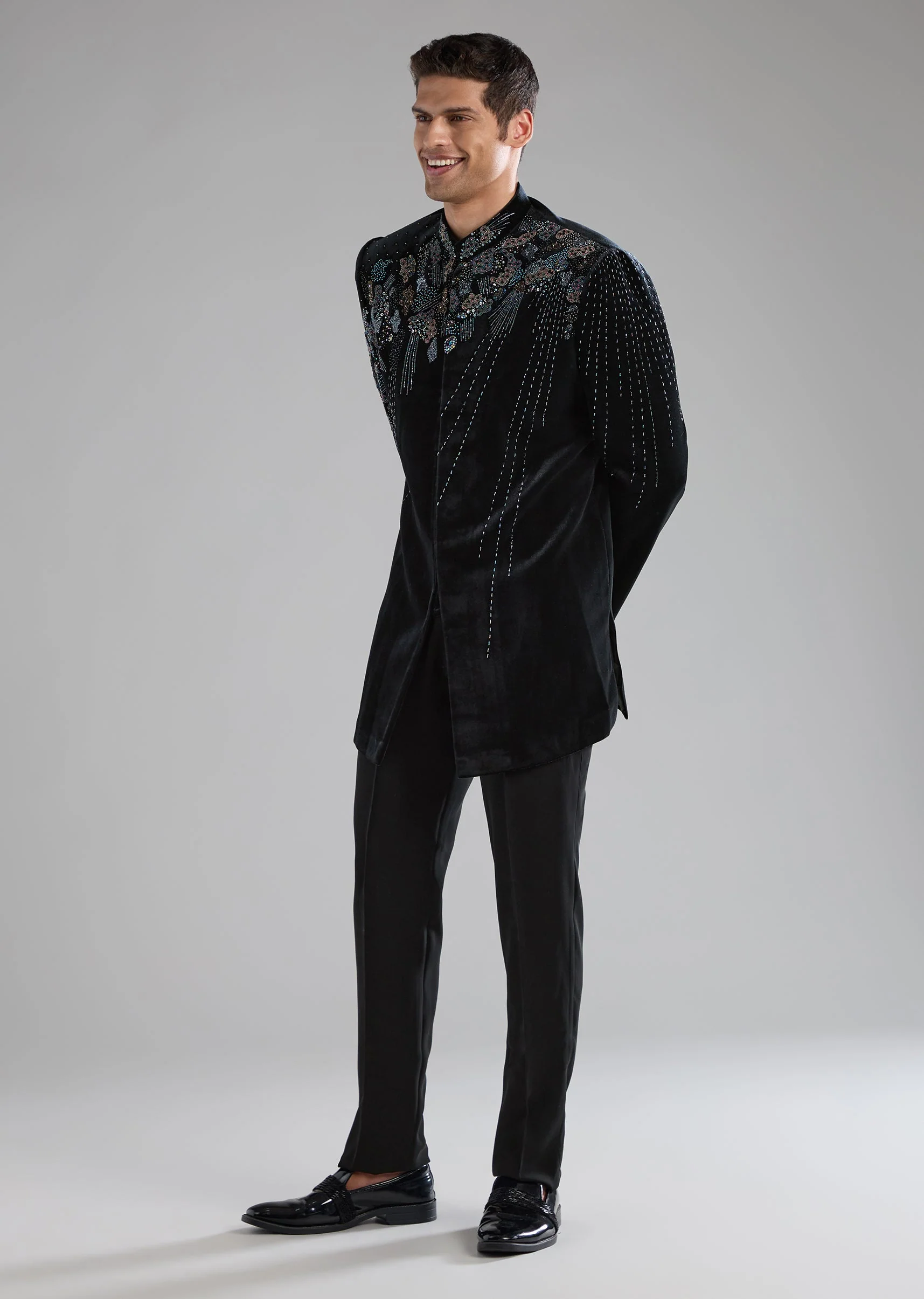 Black Velvet Indowestern Pant Set with Zardozi Work - Image 4