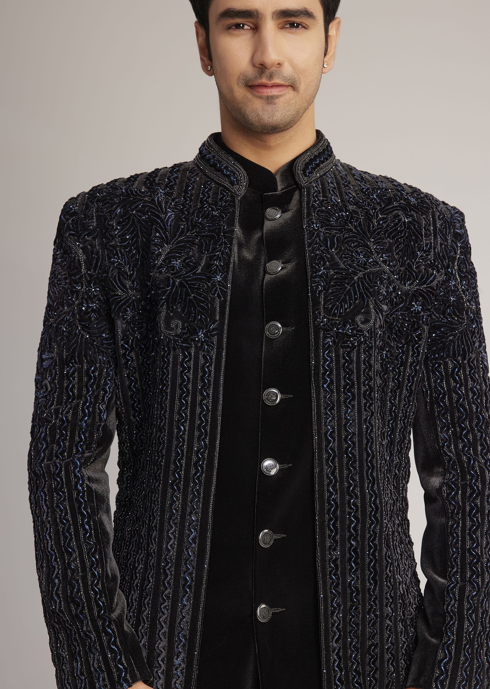Black Velvet Indowestern Set With Cut Dana Embellishment - Image 5