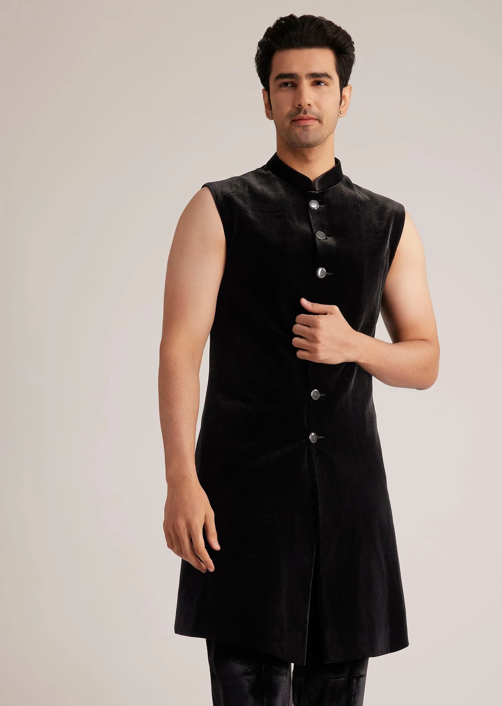 Black Velvet Indowestern Set With Cut Dana Embellishment - Image 7