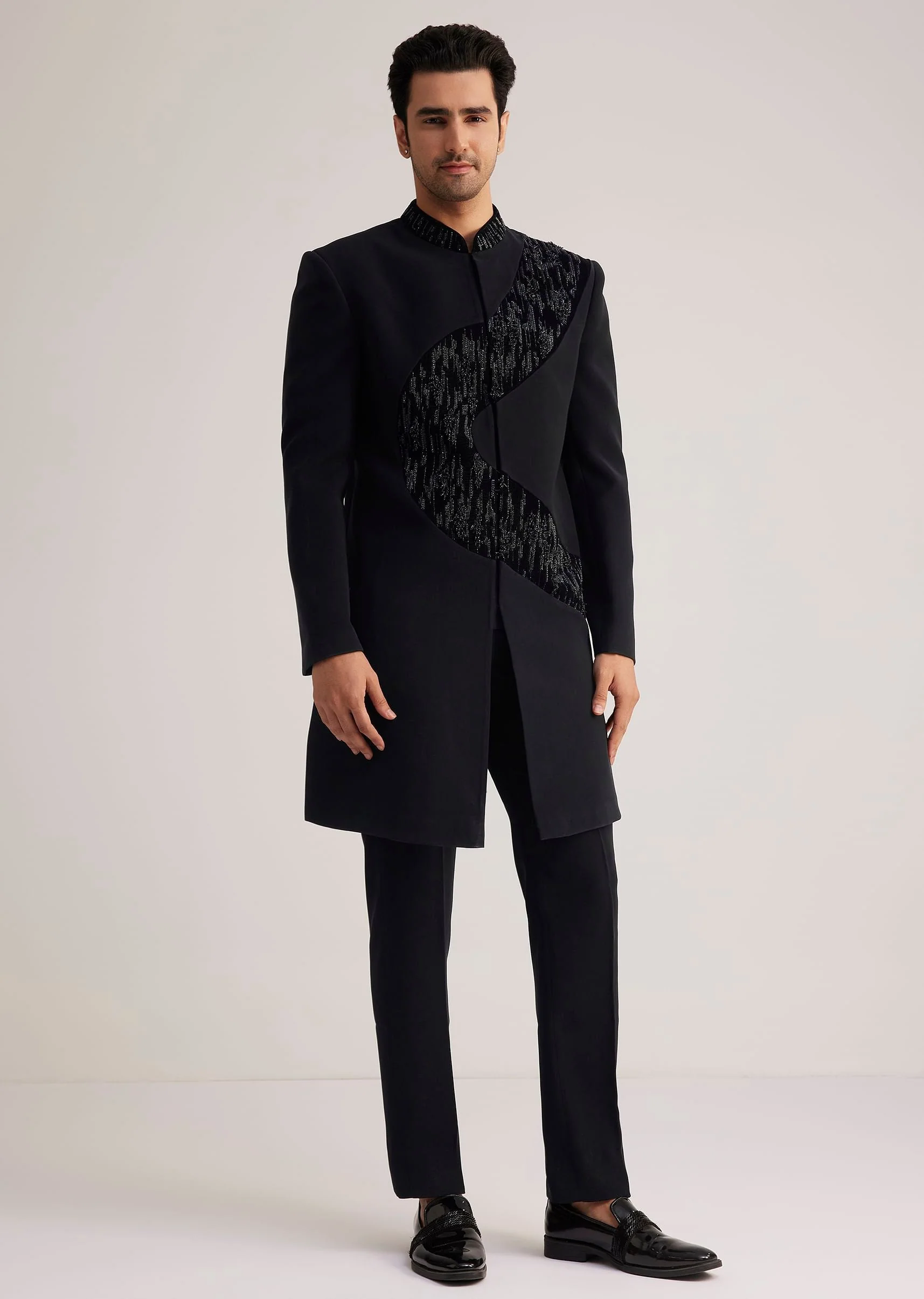 Black Velvet Indowestern Set With Cut Work Embroidery - Image 3