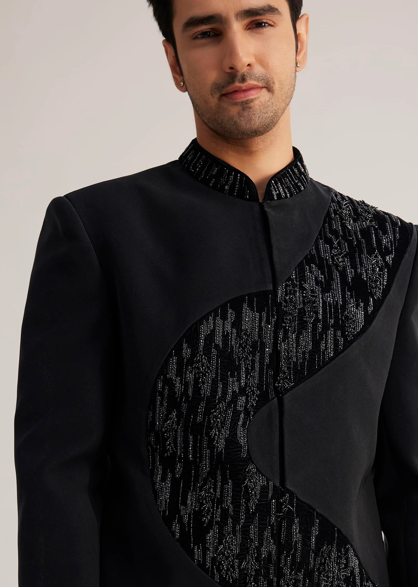 Black Velvet Indowestern Set With Cut Work Embroidery - Image 4