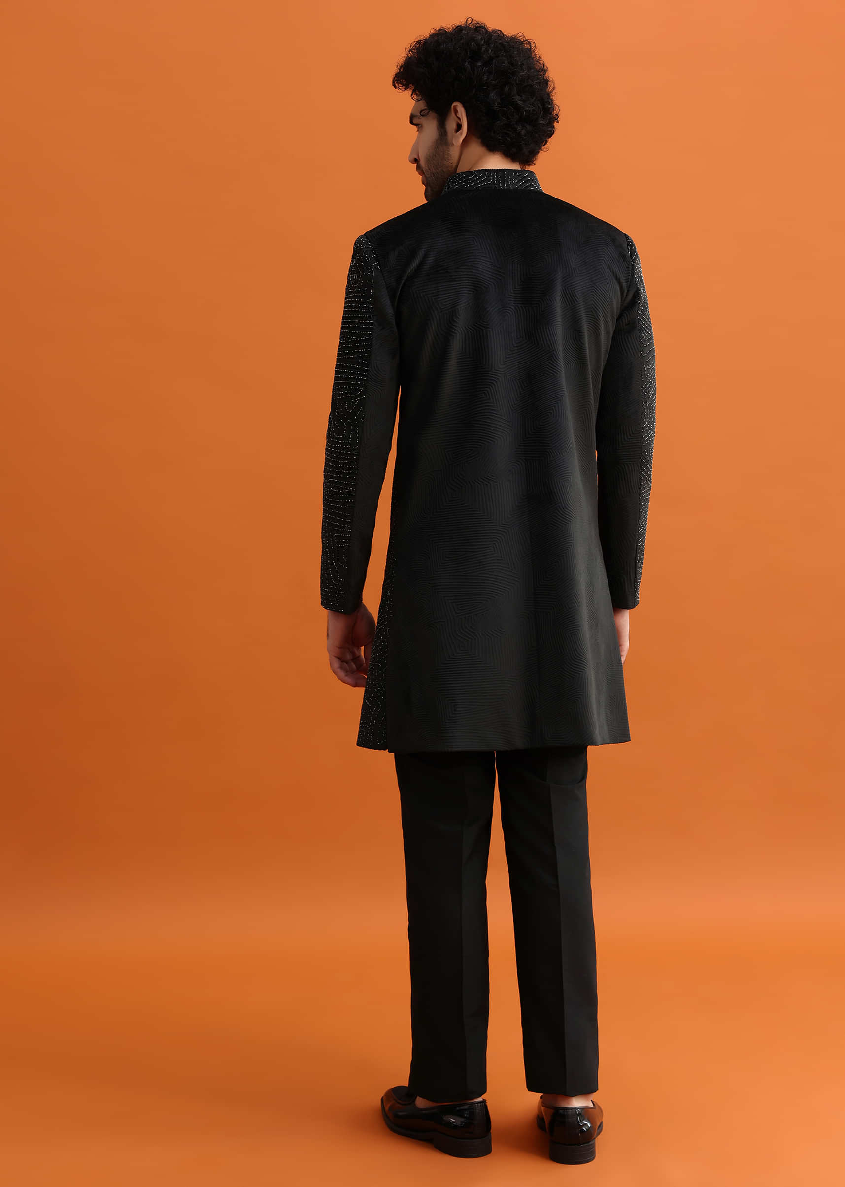 Black Velvet Indowestern Set With Hand Work For Men - Image 5