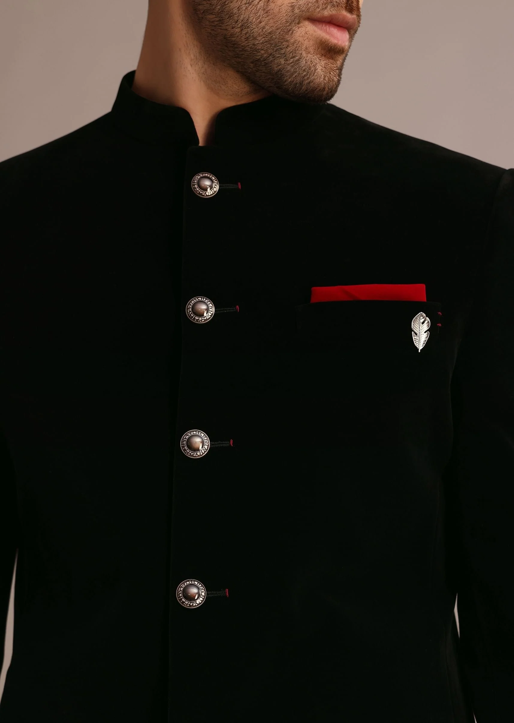 Black Velvet Jodhpuri Set with Pocket Square - Image 3