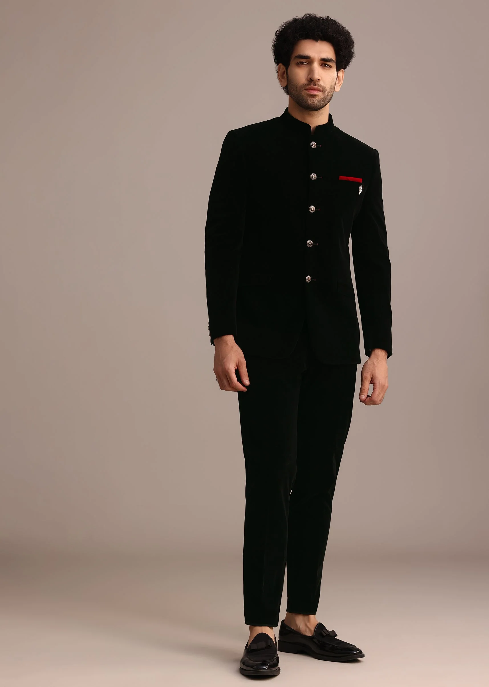 Black Velvet Jodhpuri Set with Pocket Square - Image 4