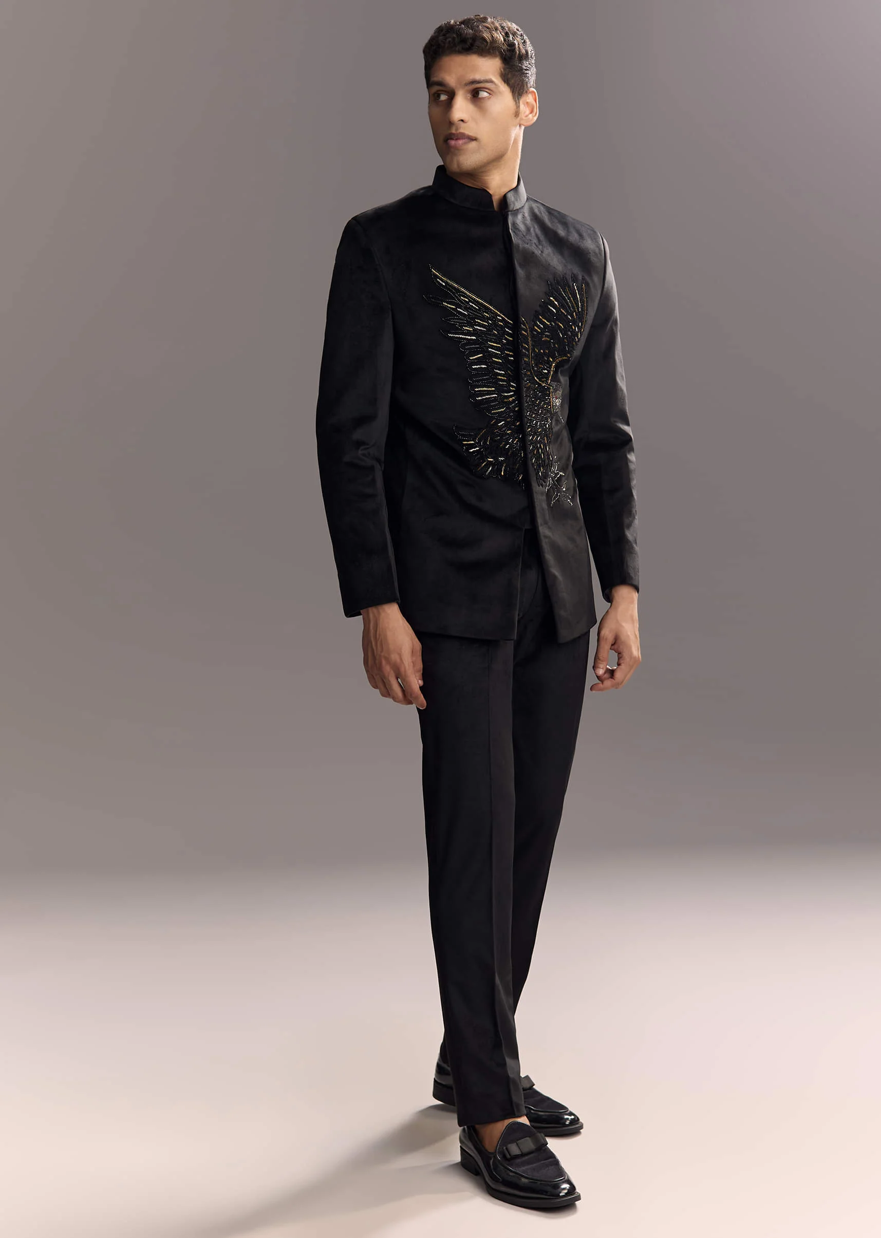 Black Velvet Jodhpuri Suit For Men With Cutdana Embroidery - Image 3
