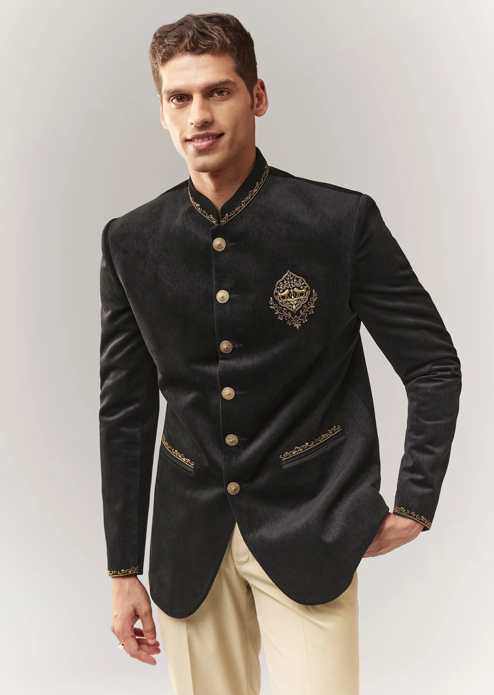 Black Velvet Jodhpuri With Metal And Resham Detailing