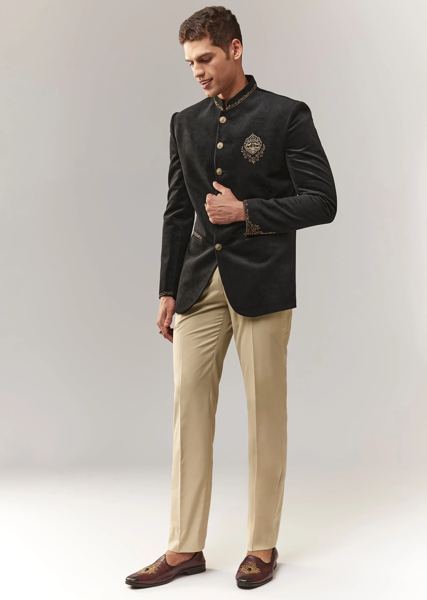Black Velvet Jodhpuri With Metal And Resham Detailing - Image 2