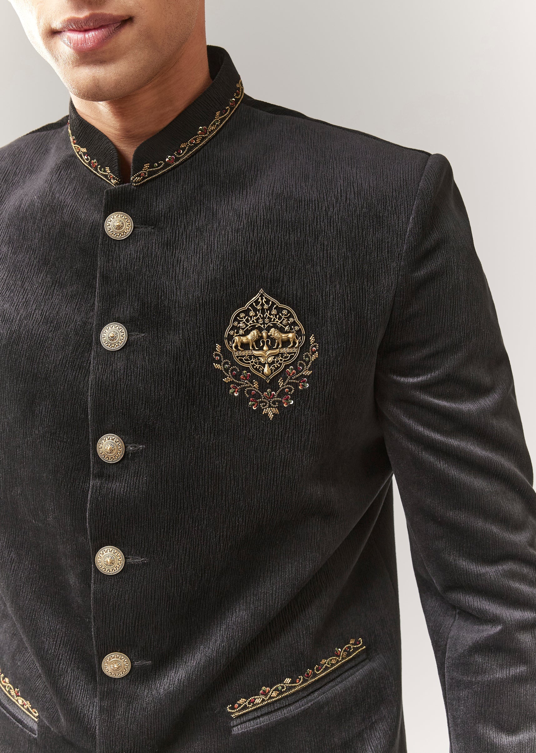Black Velvet Jodhpuri With Metal And Resham Detailing - Image 3