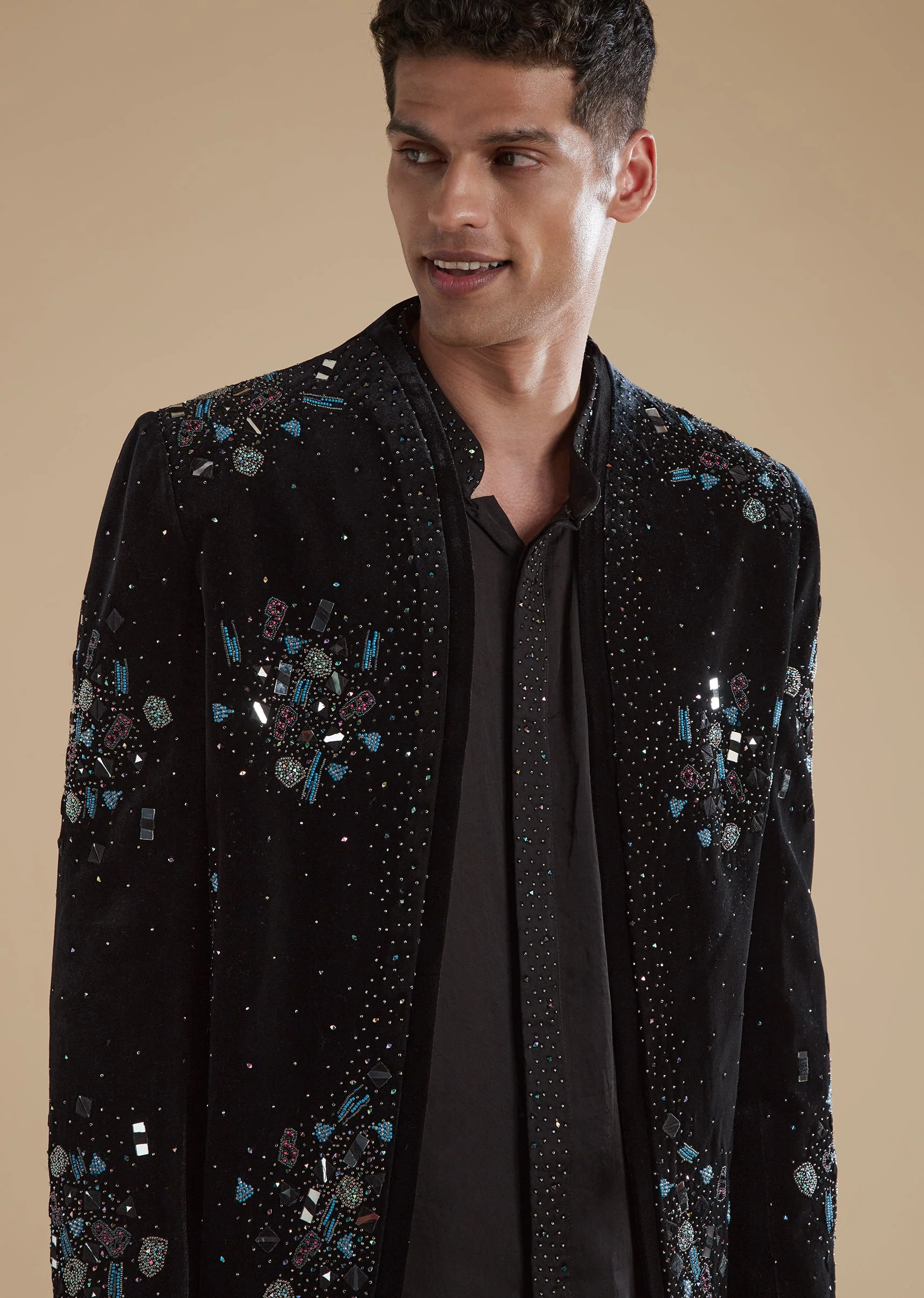 Black Velvet Mens Indowestern with Mirror Beads Detail Work - Image 2