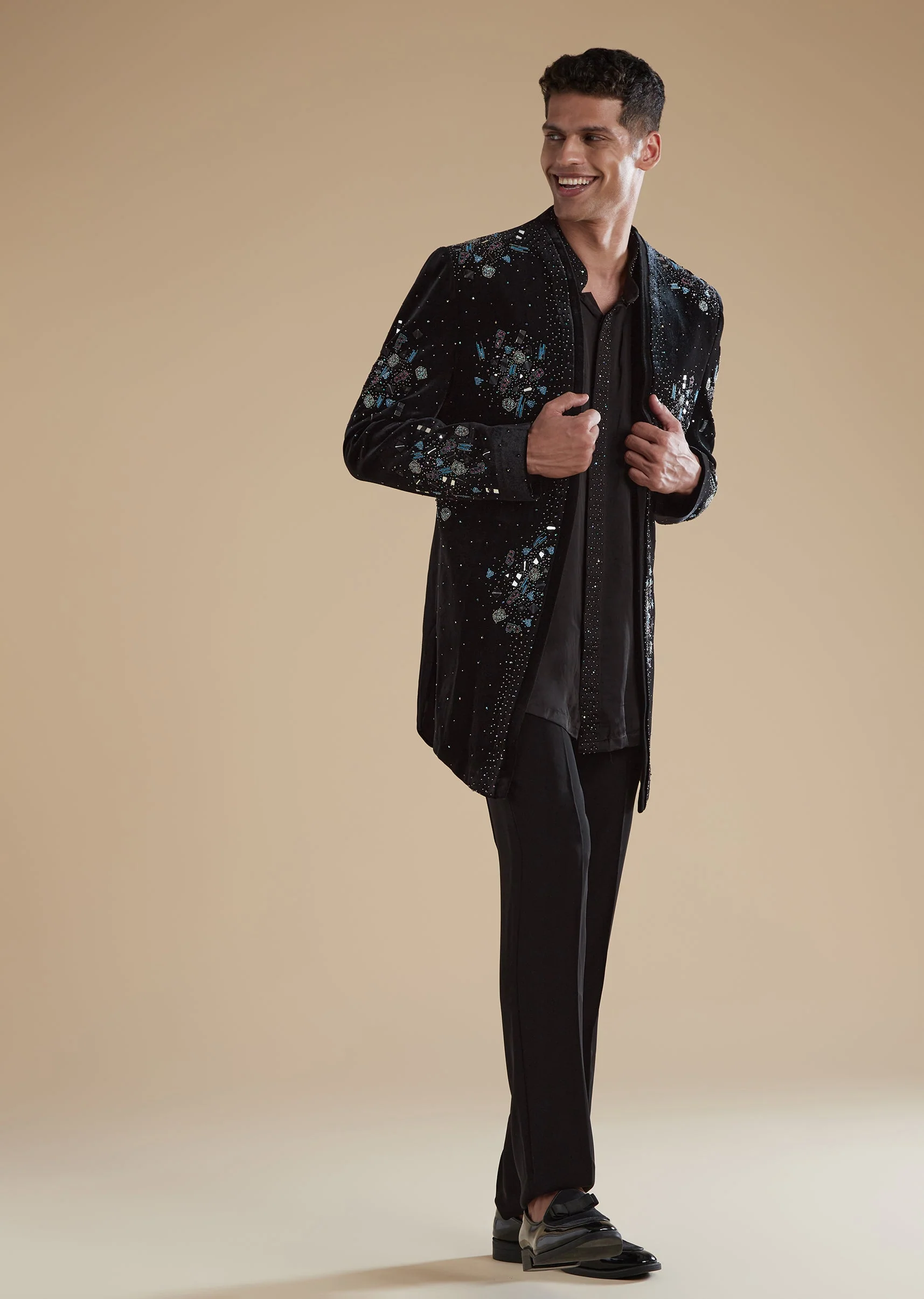 Black Velvet Mens Indowestern with Mirror Beads Detail Work - Image 3