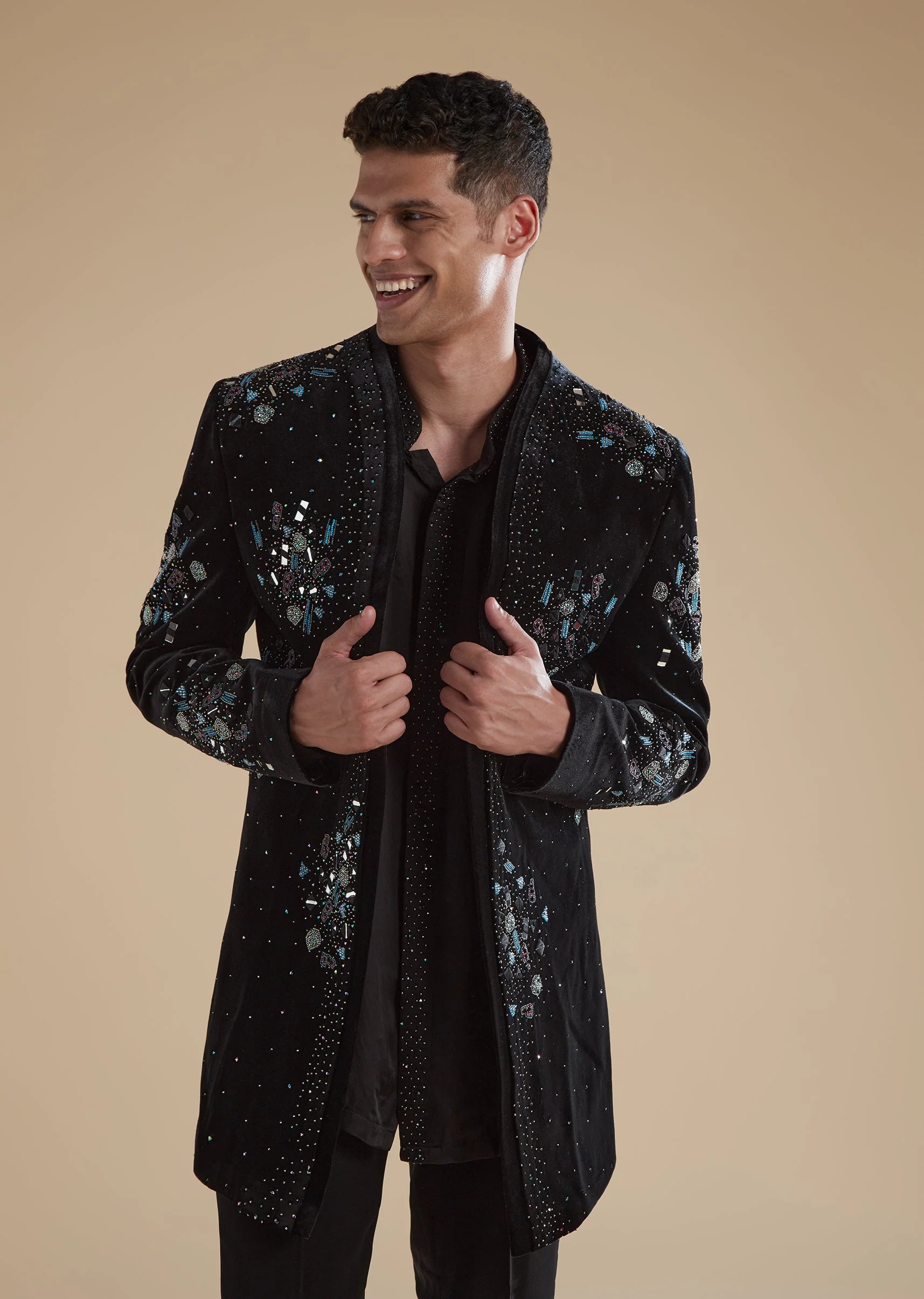 Black Velvet Mens Indowestern with Mirror Beads Detail Work - Image 4