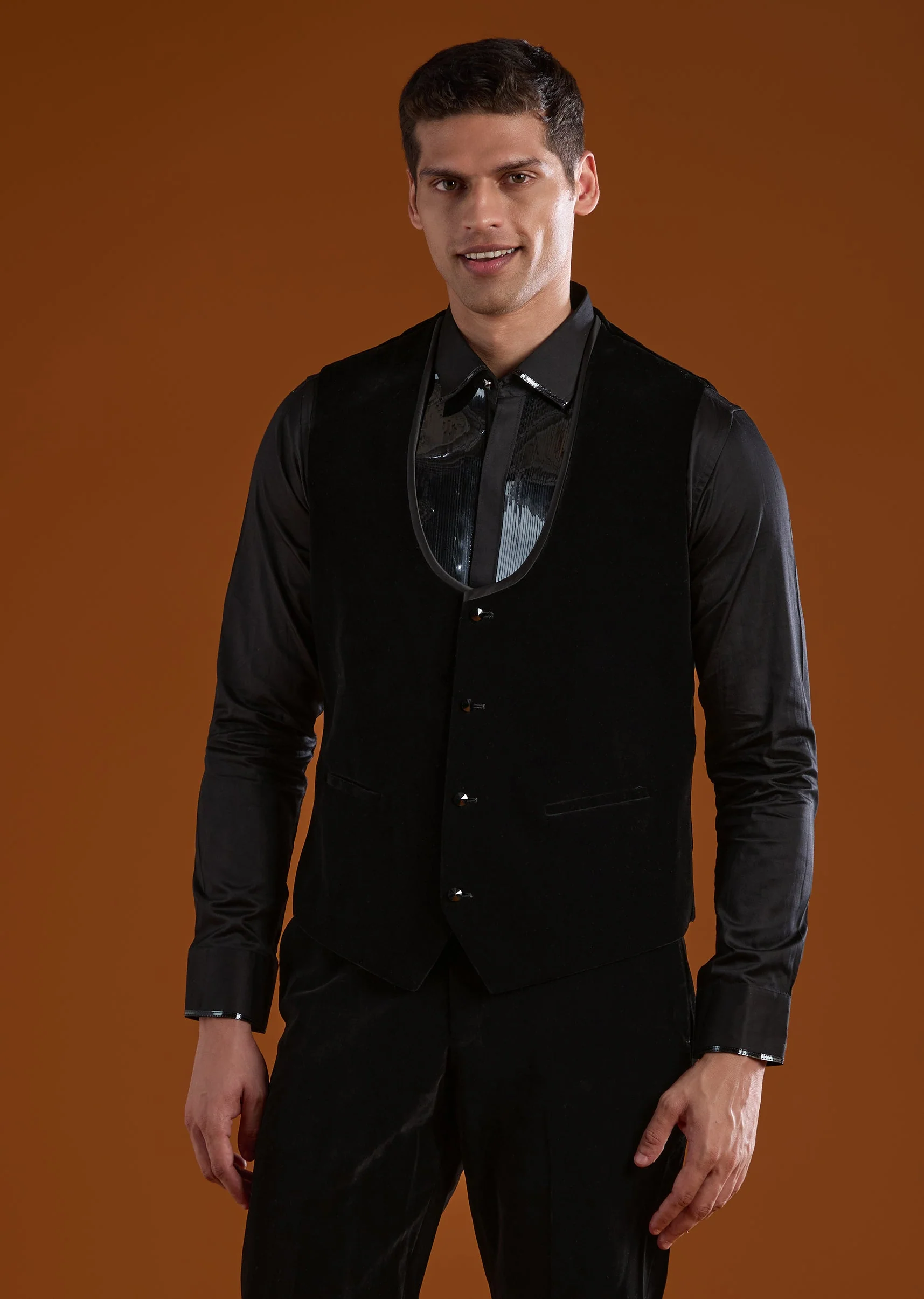 Black Velvet Mens Tuxedo With Stone Zari Cut Dana And Thread Work - Image 6
