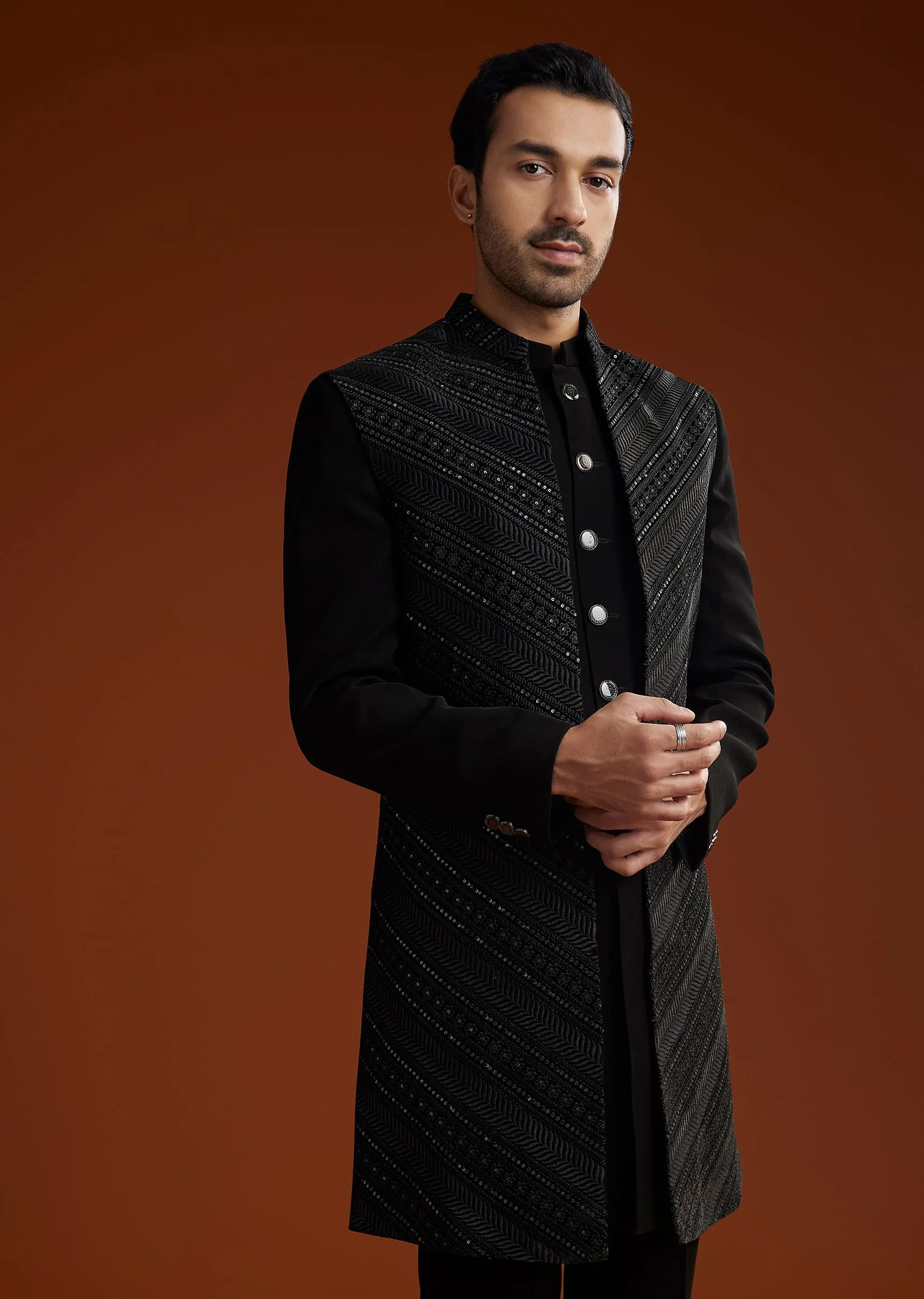 Black Velvet Open Indo Jacket Set With Embroidery - Image 2