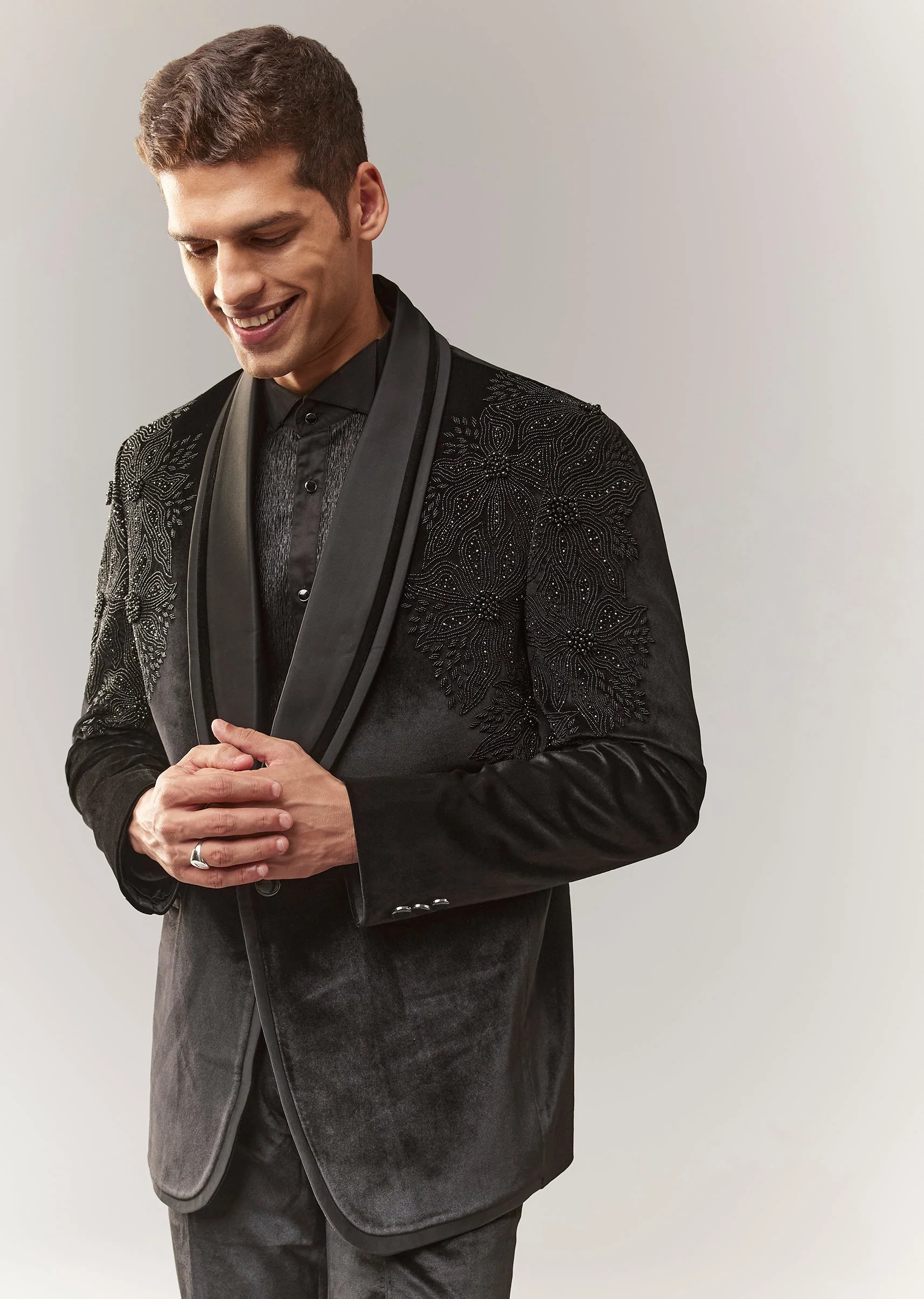 Black Velvet Tuxedo With Beads And Resham Work