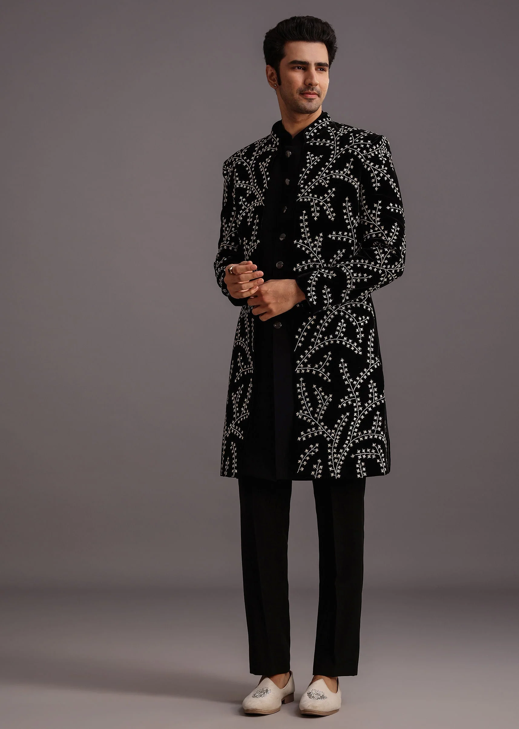 Black Velvet Zari Embroidered Indowestern Trouser Suit