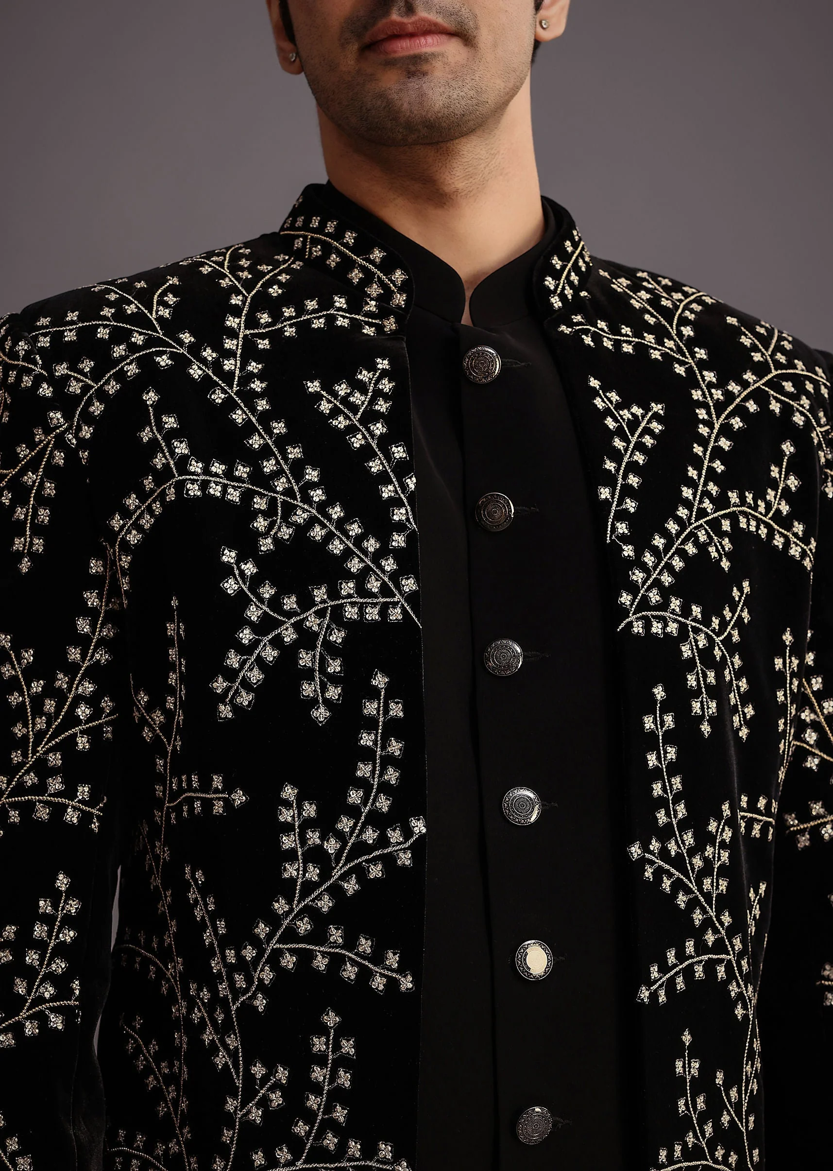Black Velvet Zari Embroidered Indowestern Trouser Suit - Image 2