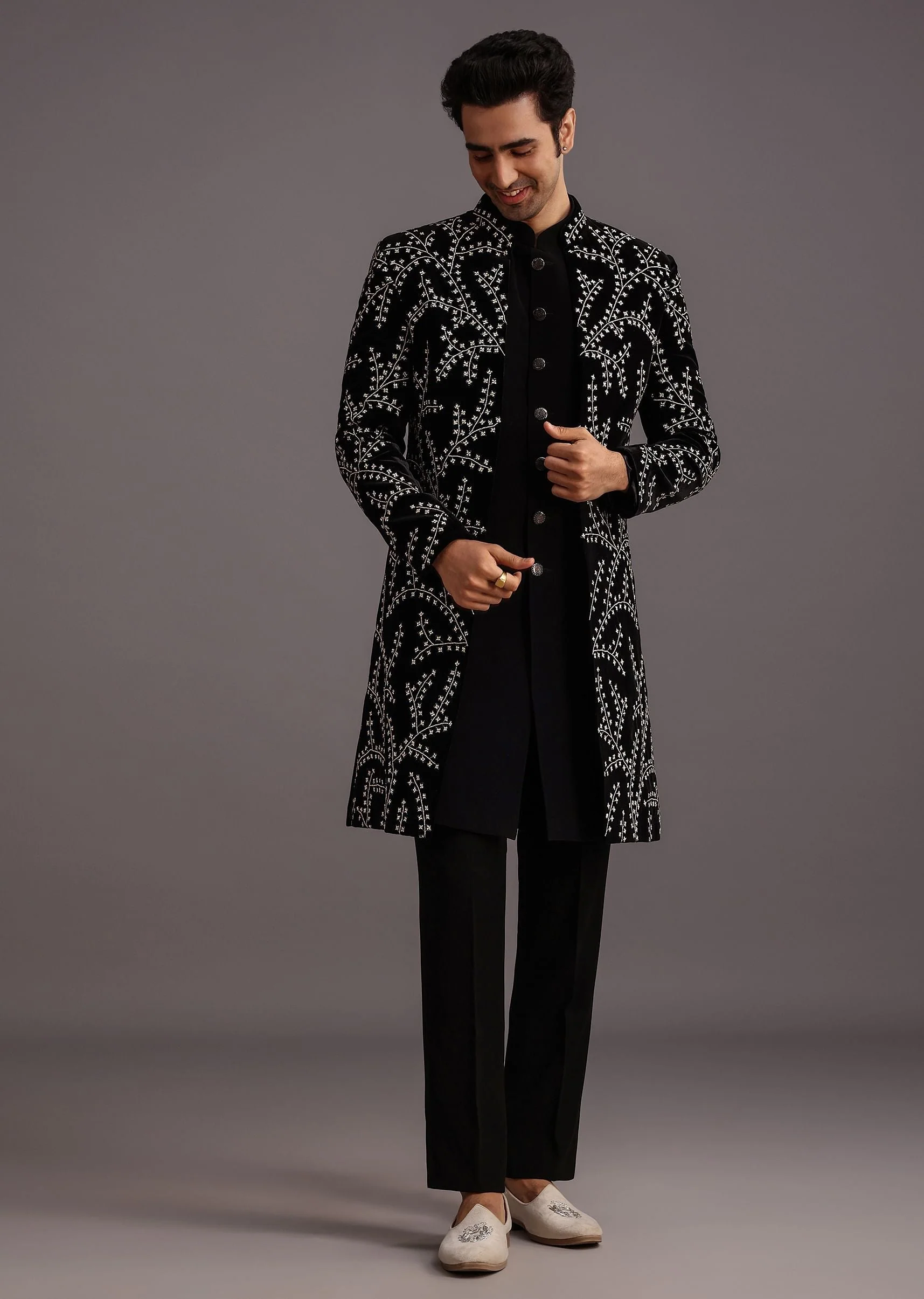 Black Velvet Zari Embroidered Indowestern Trouser Suit - Image 3