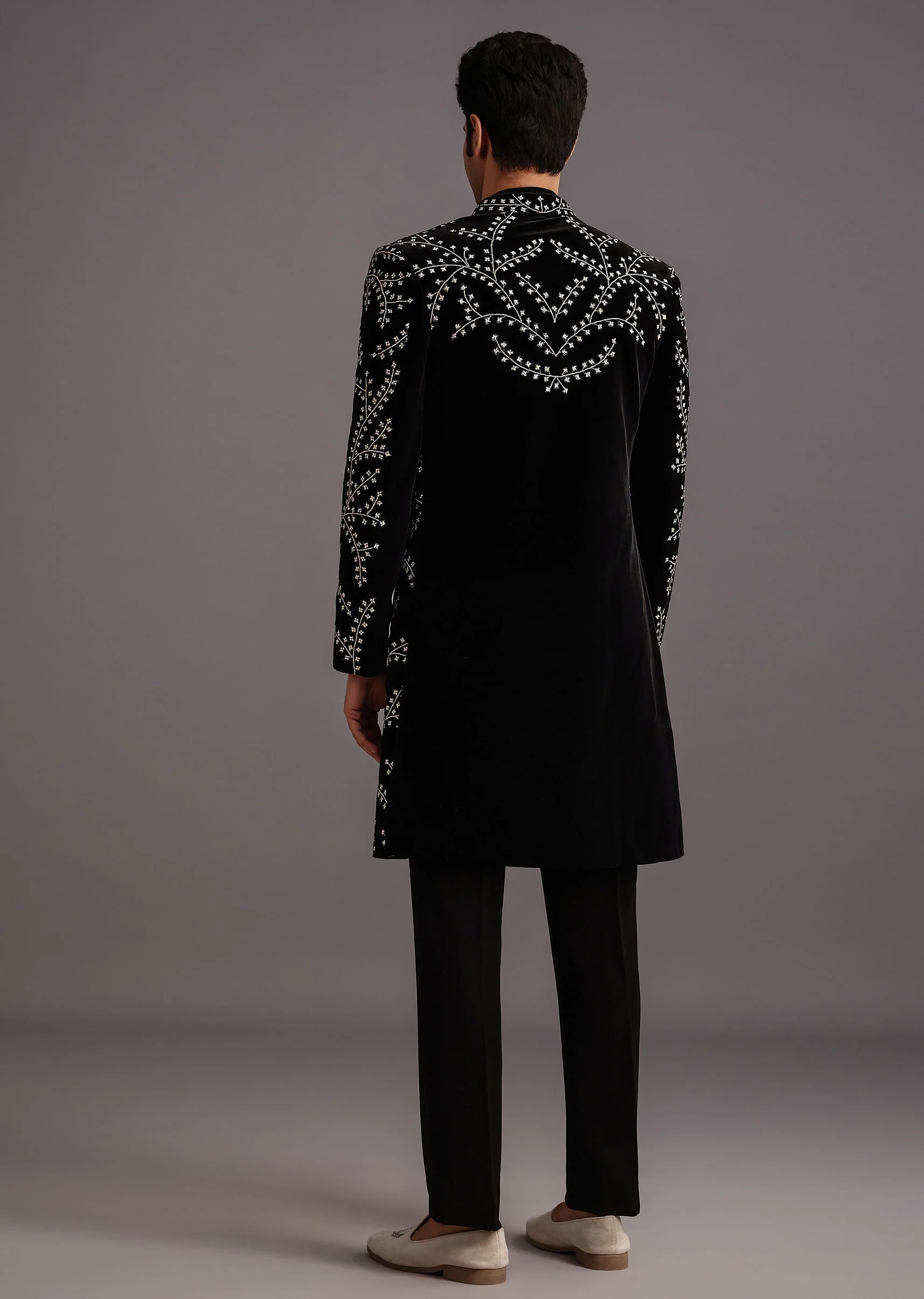 Black Velvet Zari Embroidered Indowestern Trouser Suit - Image 5
