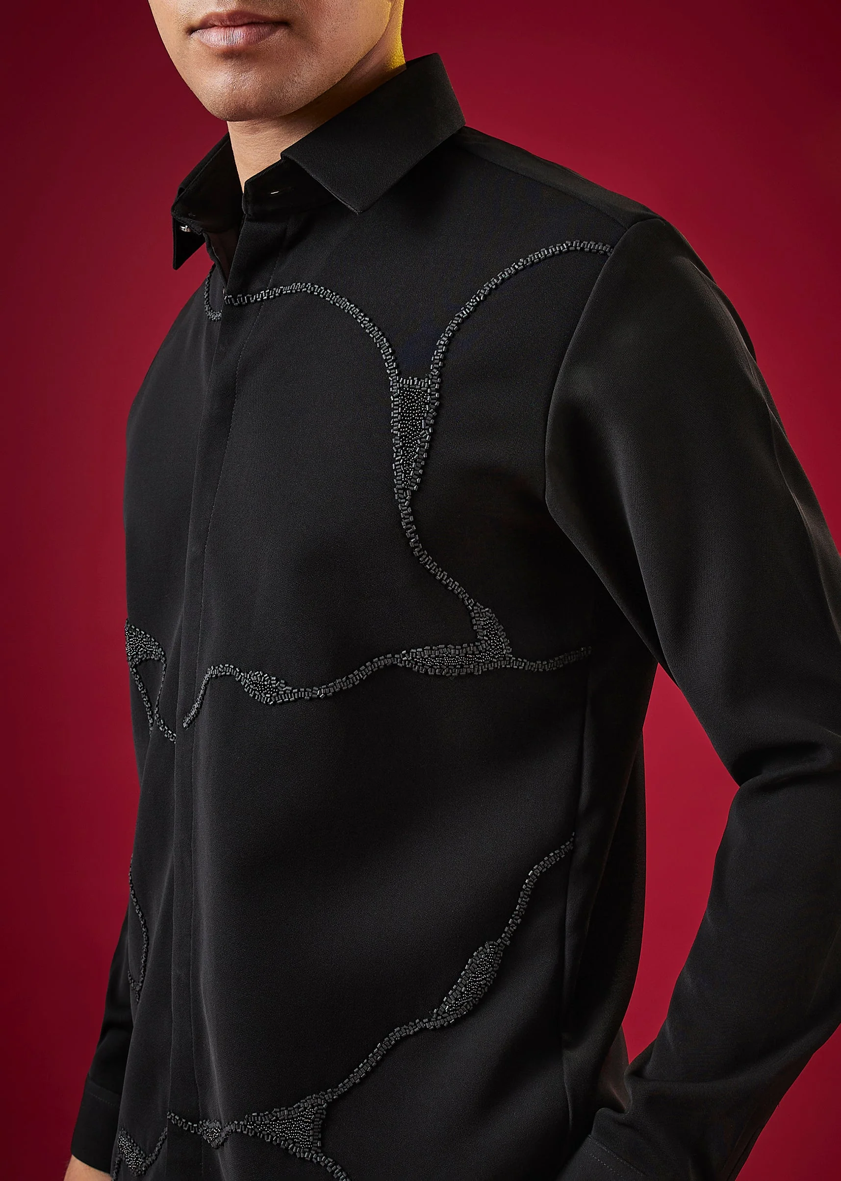 Black Viscose Cutdana And Bead Embroidered Mens Shirt - Image 2