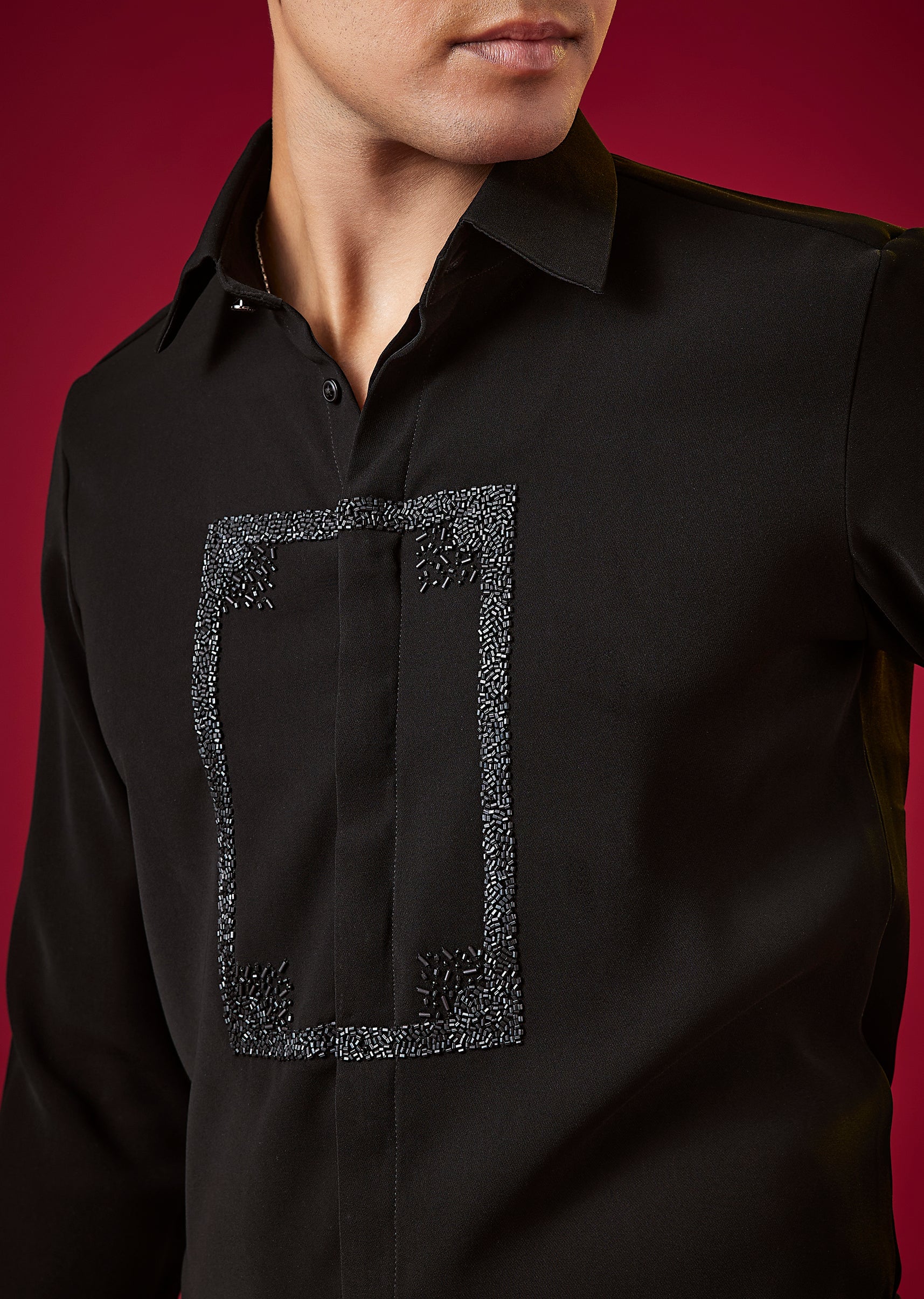 Black Viscose Cutdana Embroidered Mens Shirt - Image 2