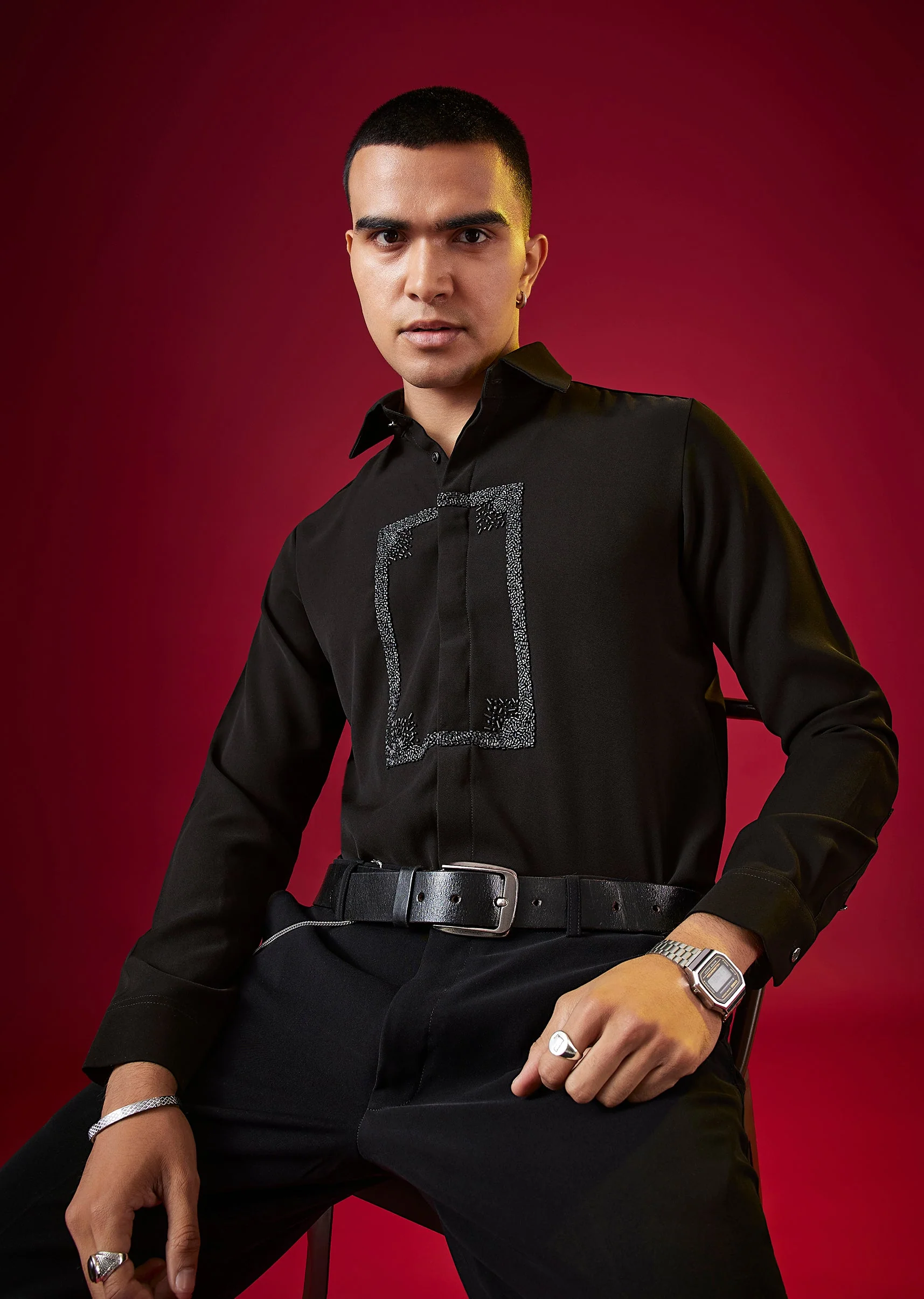 Black Viscose Cutdana Embroidered Mens Shirt - Image 3