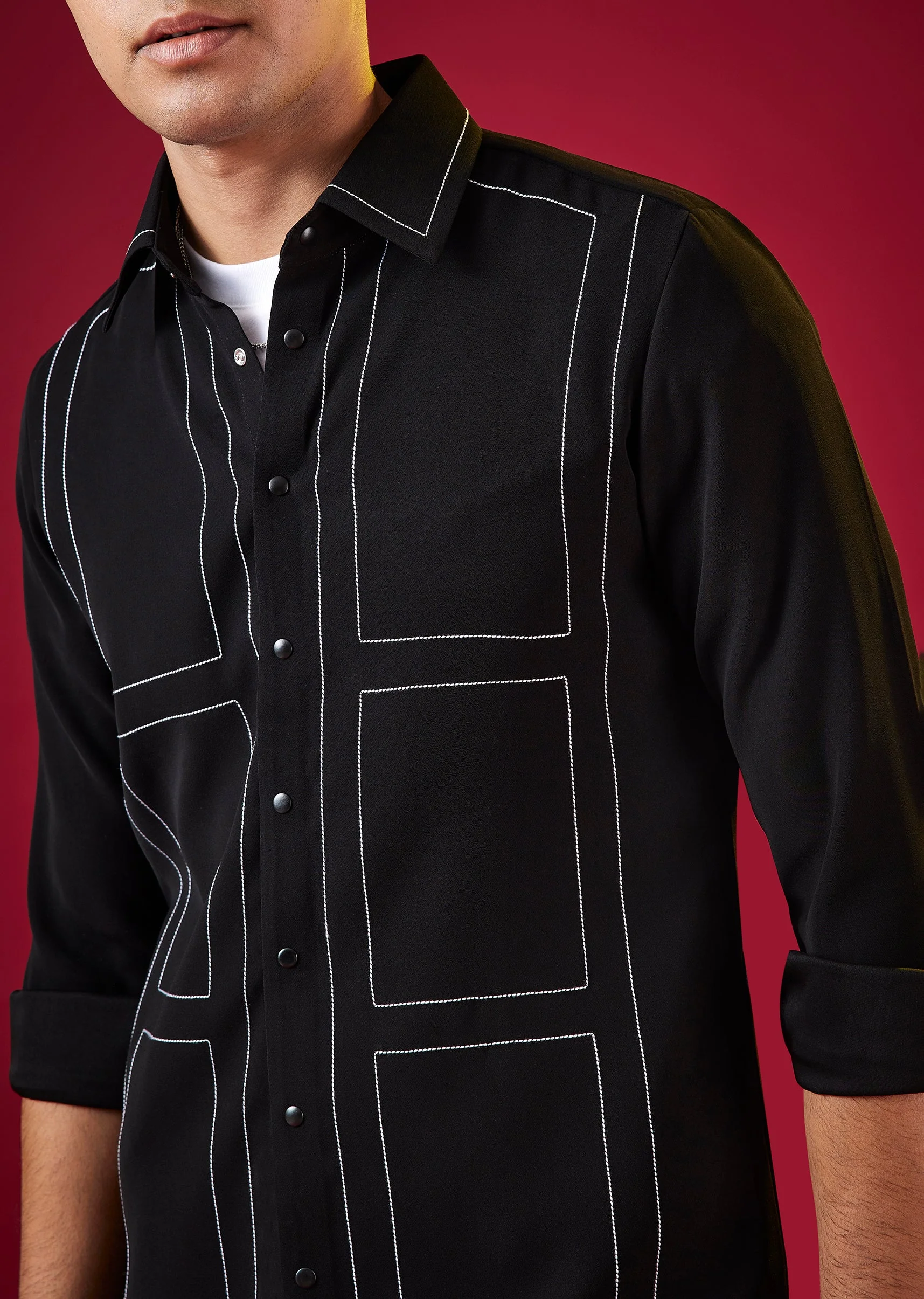 Black Viscose Mandarin Collar Checkered Mens Shirt - Image 2