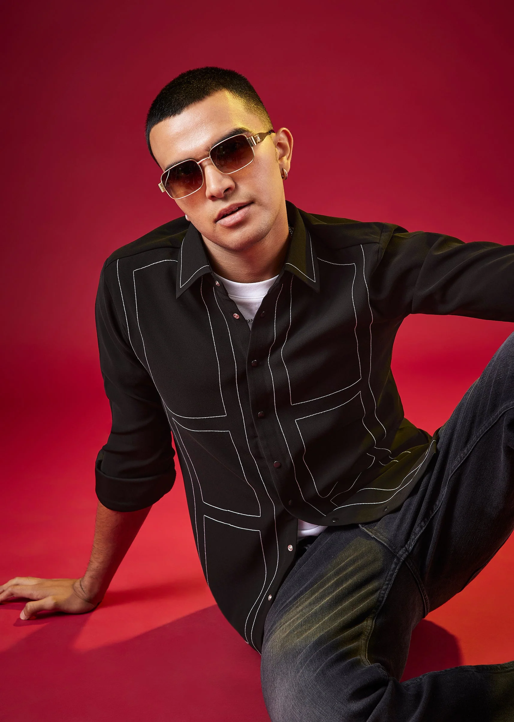 Black Viscose Mandarin Collar Checkered Mens Shirt - Image 3