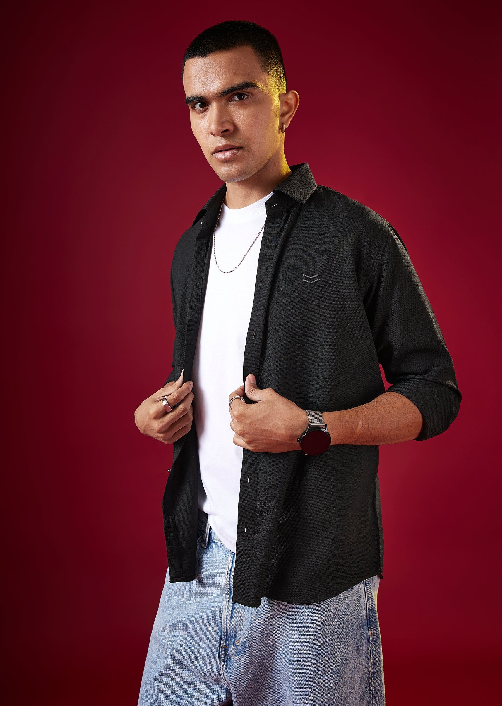 Black Viscose Mandarin Collar Mens Shirt - Image 4