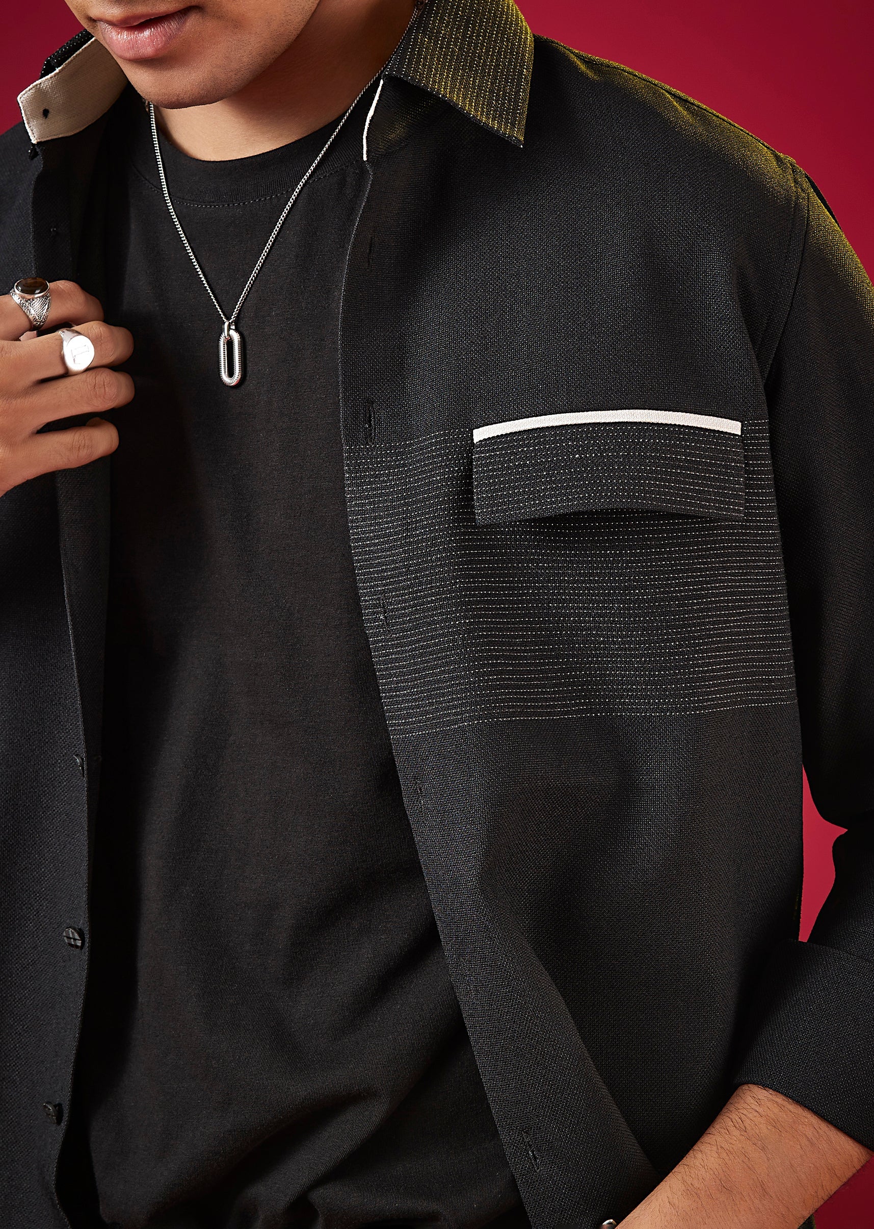 Black Viscose Mandarin Collar Solid Mens Shirt - Image 2
