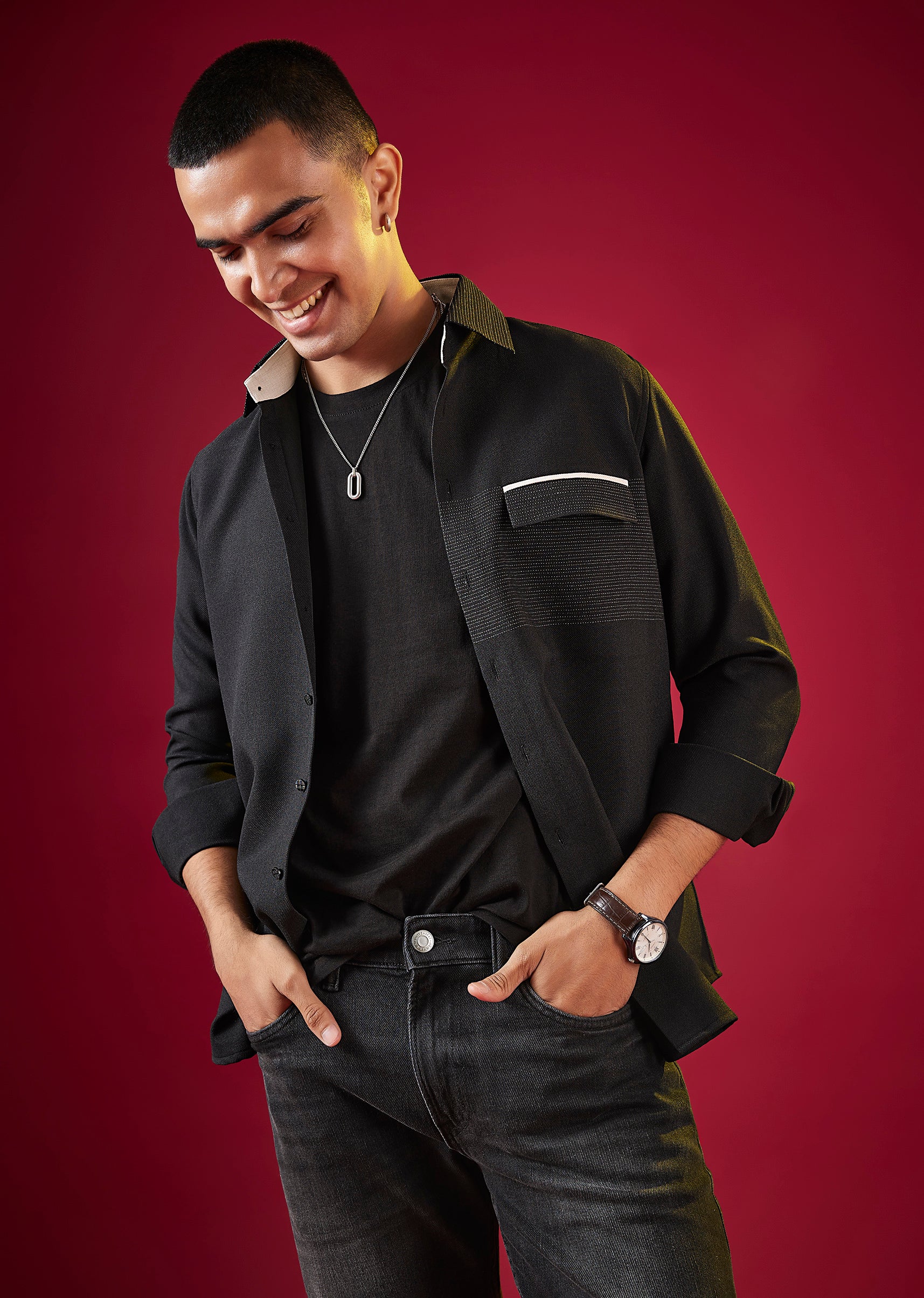 Black Viscose Mandarin Collar Solid Mens Shirt - Image 4