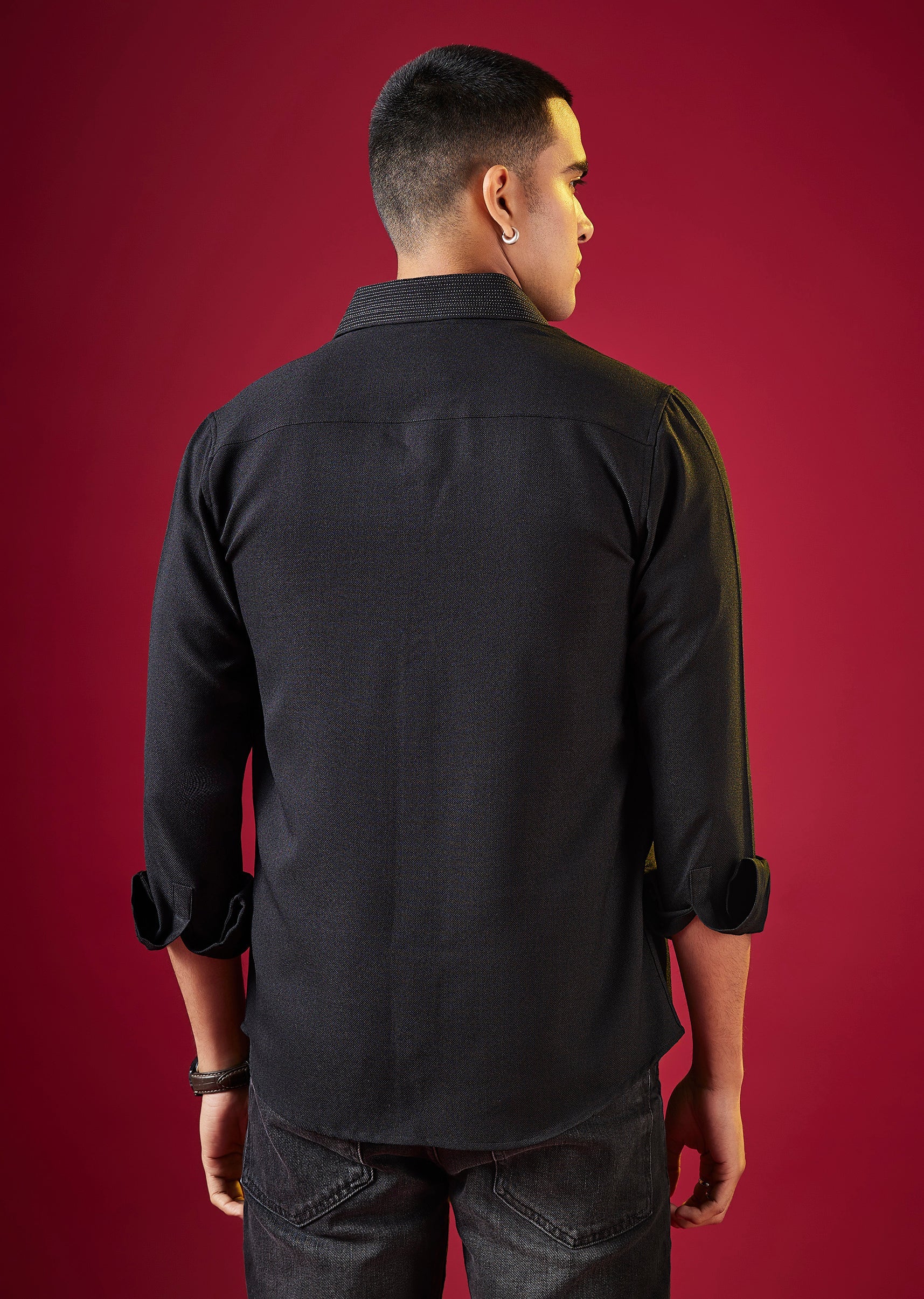 Black Viscose Mandarin Collar Solid Mens Shirt - Image 5