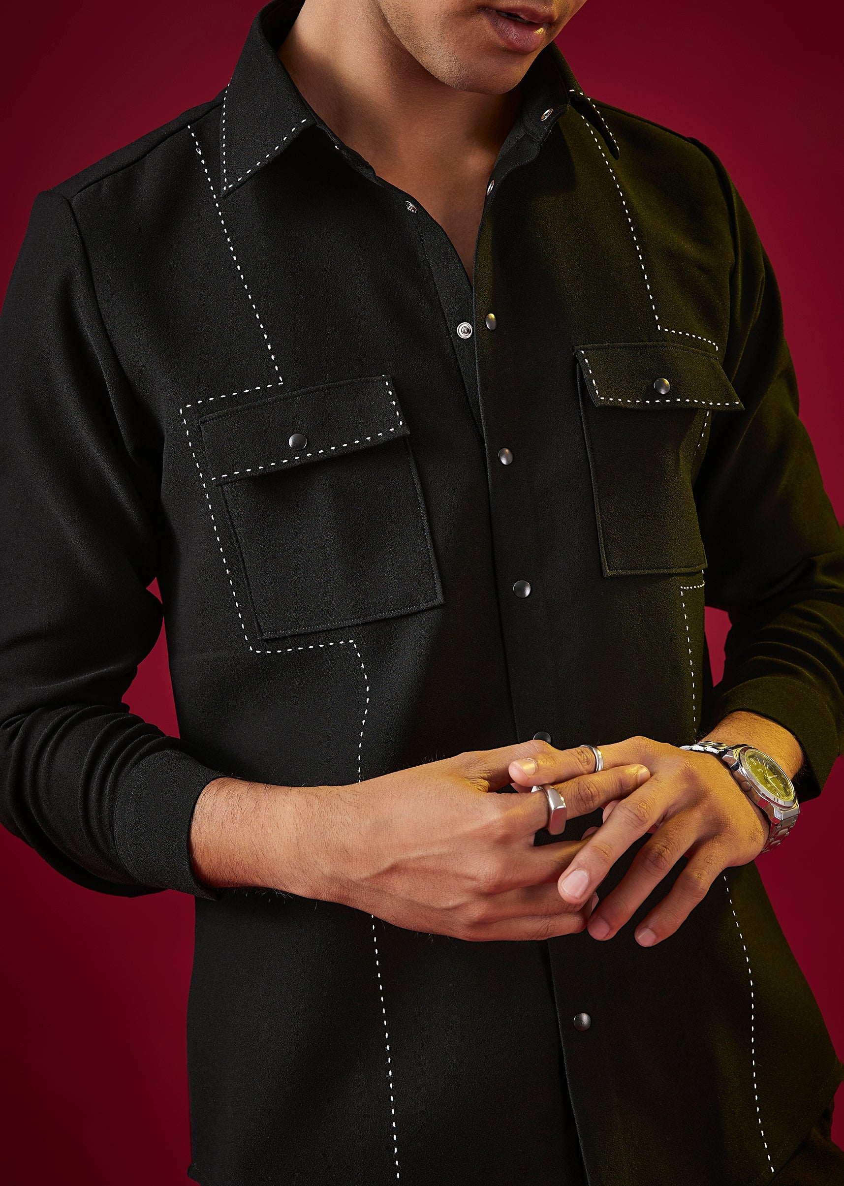 Black Viscose Resham Embroidered Mens Shirt - Image 2