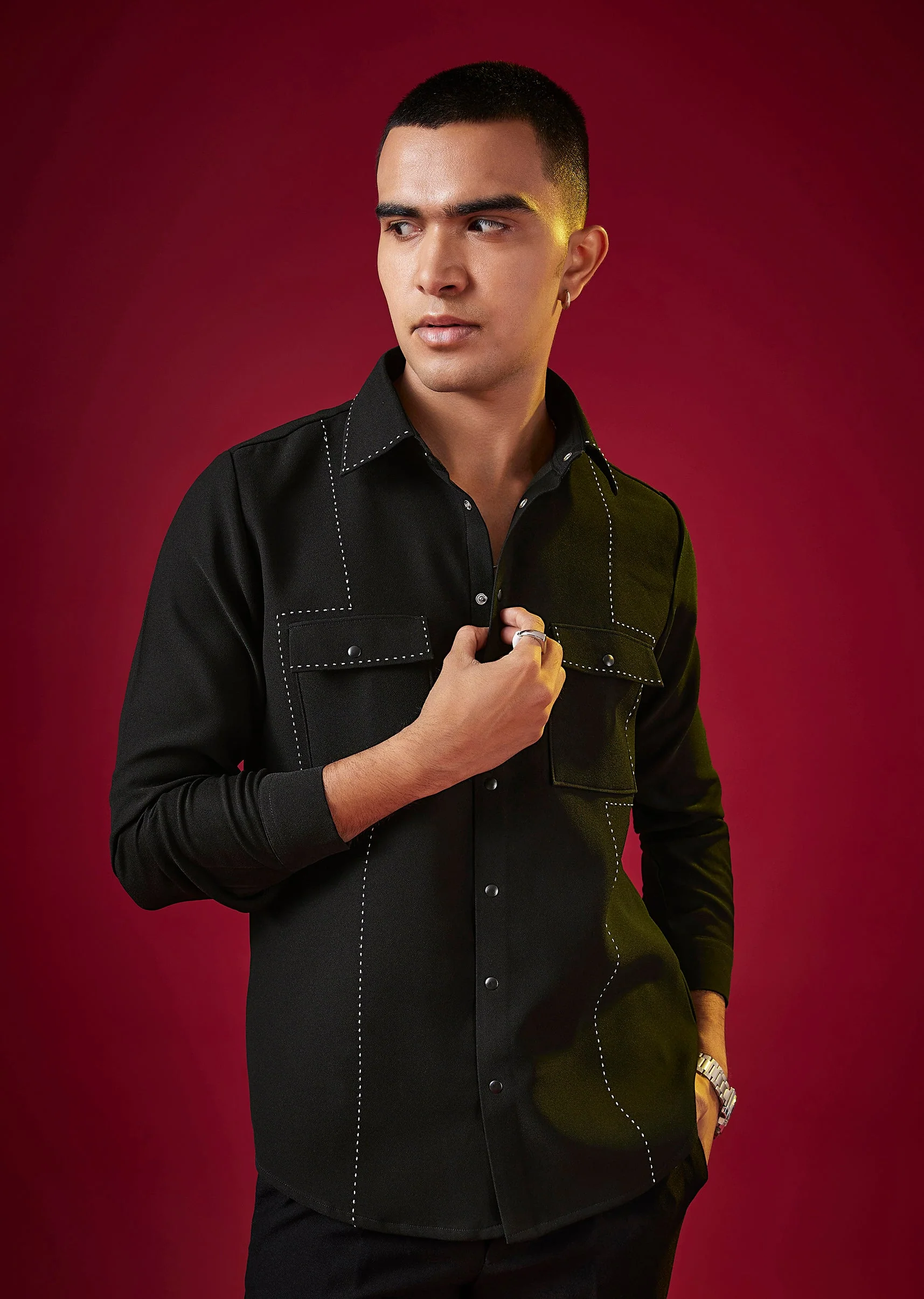 Black Viscose Resham Embroidered Mens Shirt - Image 3