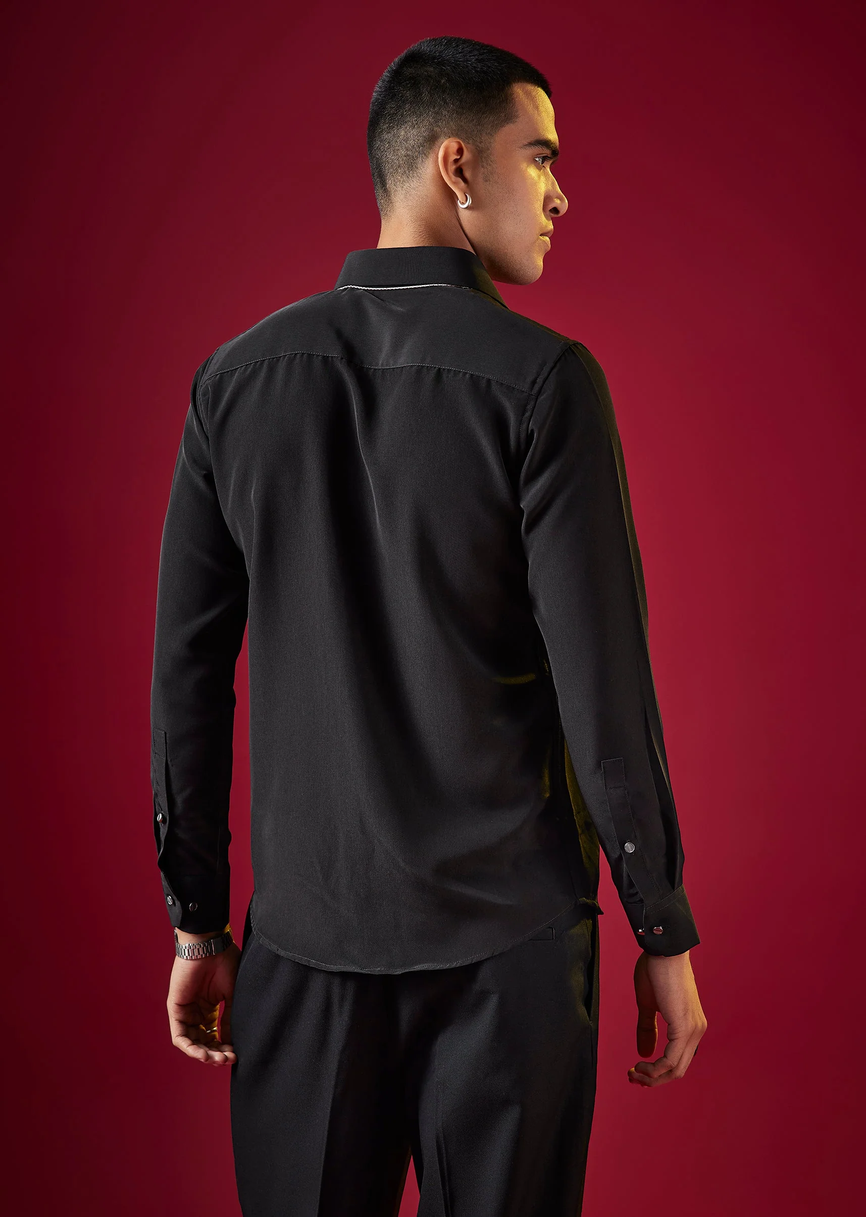 Black Viscose Thread Embroidered Mens Shirt - Image 4